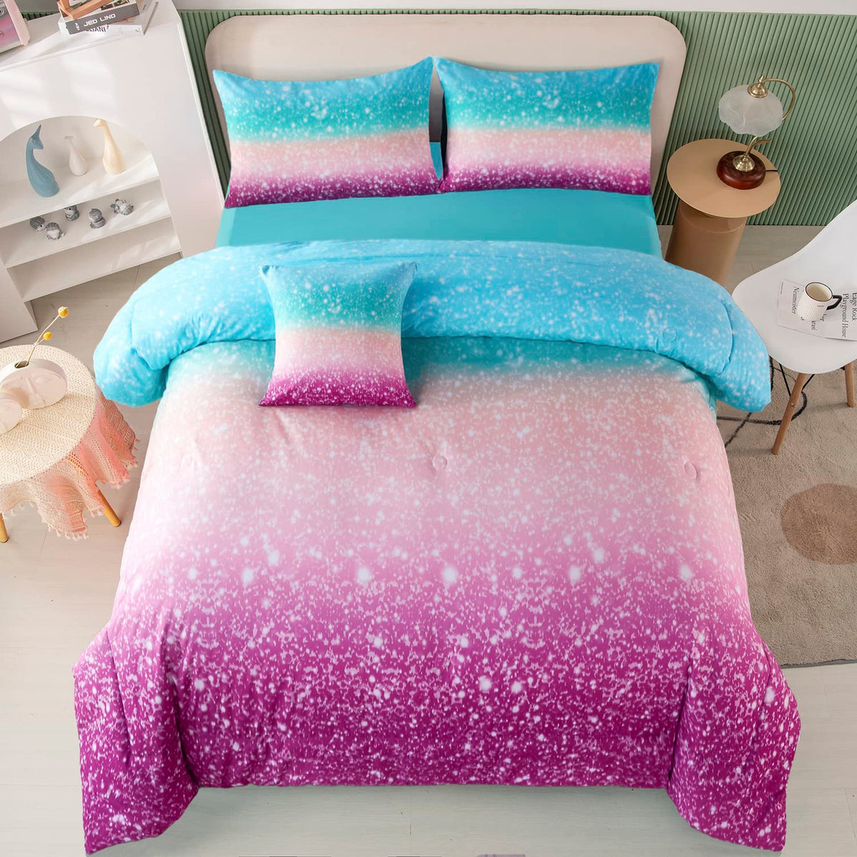 Perfemet 6Pcs Teal Purple Comforter Set Twin Size, Tie Dye Rainbow Glitter Bed In A Bag, Gradient Pastel Ombre Sparkle Bedding S