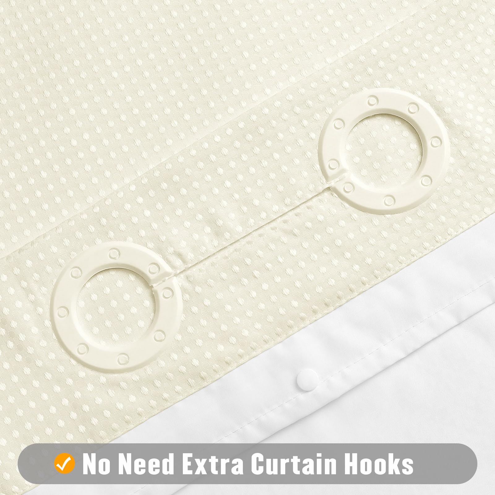Mitovilla No Hooks Needed Extra Long Shower Curtain Set With Snap-In Liner, Ivory 86 Inch Xl Heavyweight Waffle Fabric Cloth Sho