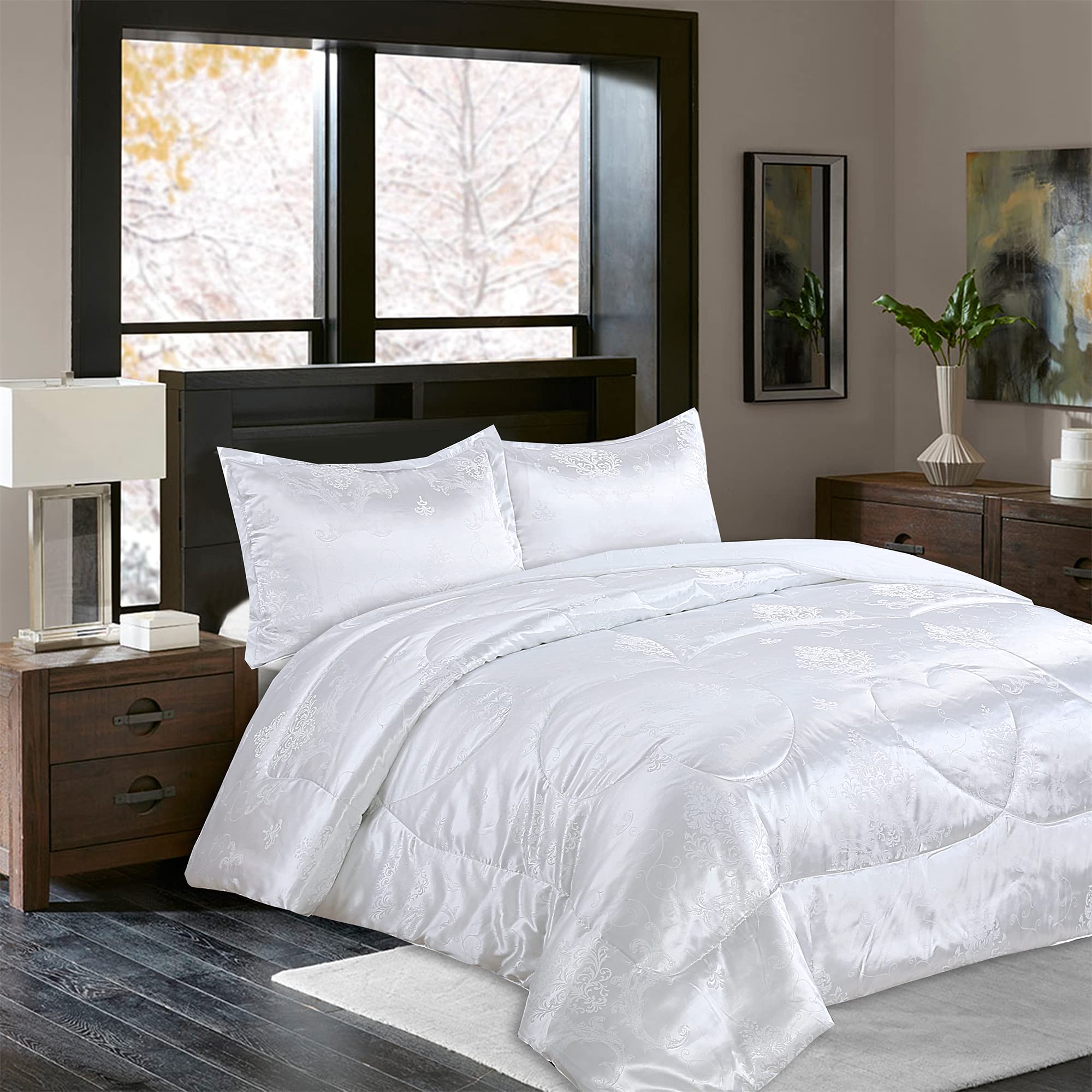 Raytrue-X Queen Comforter Set All Season Bed Comforter Queen Set 3 Piece Satin Silk Blanket Luxury White Jacquard Quilt Soft Bed
