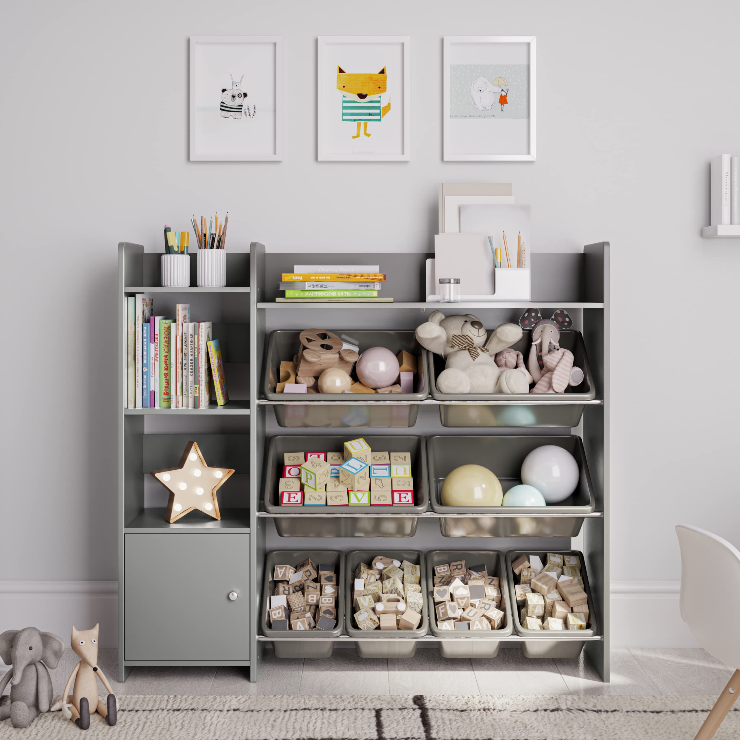 Sturdis Kids Toy Storage Organizer With Kids Toy Shelf And Gray Toy Bins - Perfect Toy Storage Solution - Your Kids Will Have Fun And You Will Be Free From Messes!