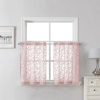 Lecloud Leia 24 Inch Valance Pink Sheer Curtains Tiers For Kitchen 2 Pieces, Clip Textured Leaf Voile Blush Curtain Valances For