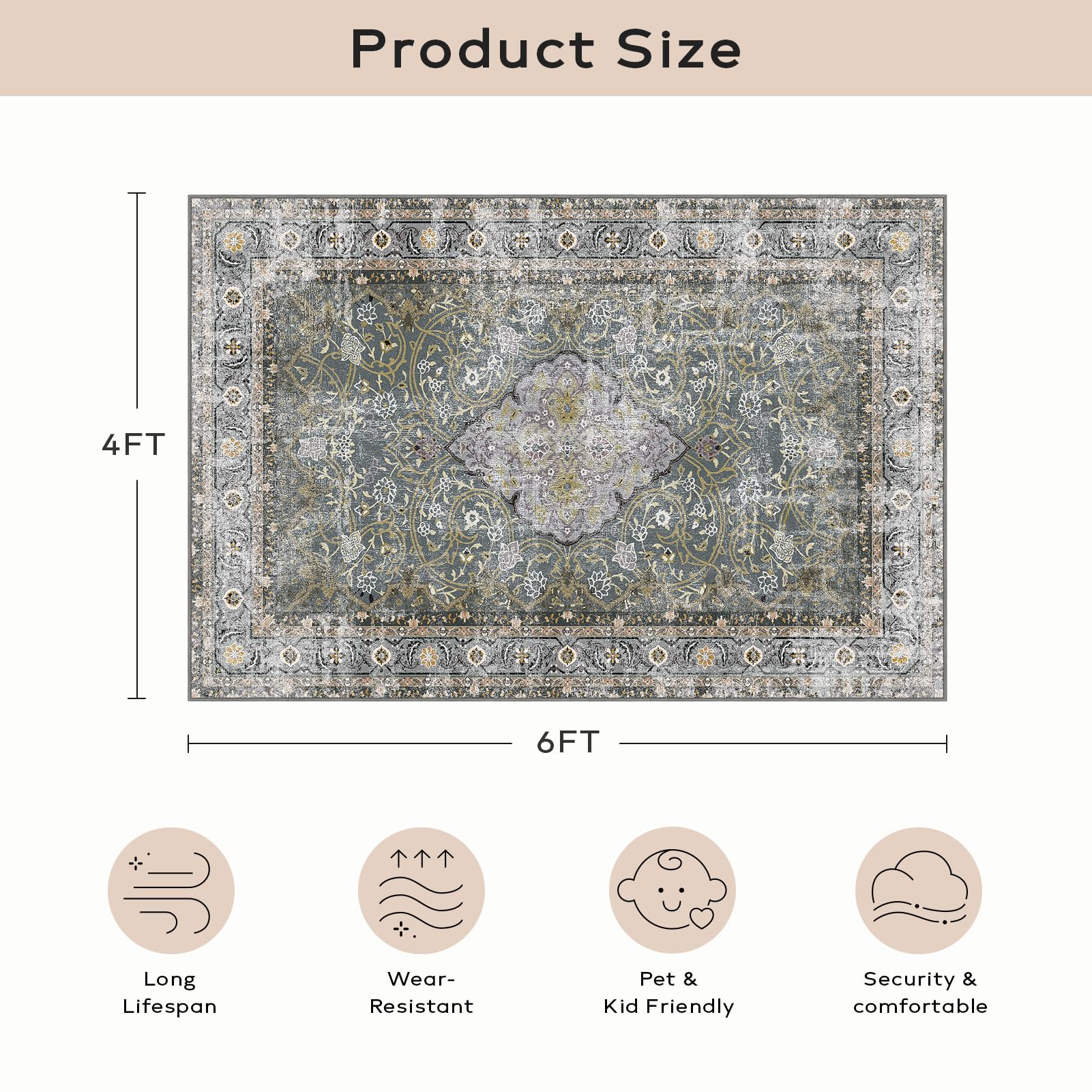 Ashler Vintage Rugs, 4X6 Boho Rug, Rugs For Living Room, Bedroom, Kitchen, Dinner, Grey Cya/Earthy Yellow Home Decor, Non-Slip &