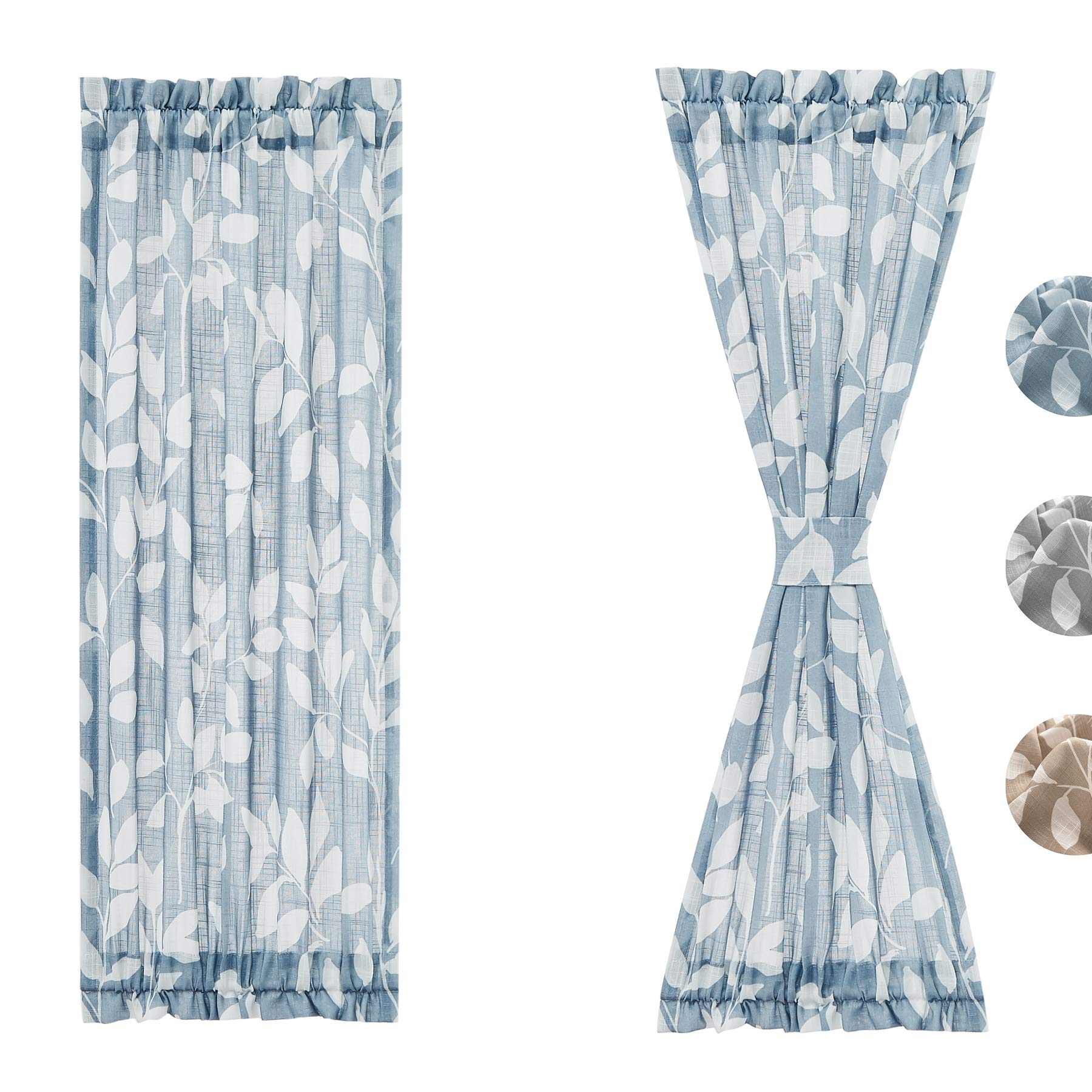 Treatmentex Side Light French Door Curtains 72 Long Blue White Leaf Window Curtains for Glass Door Linen Texture Privacy Front B