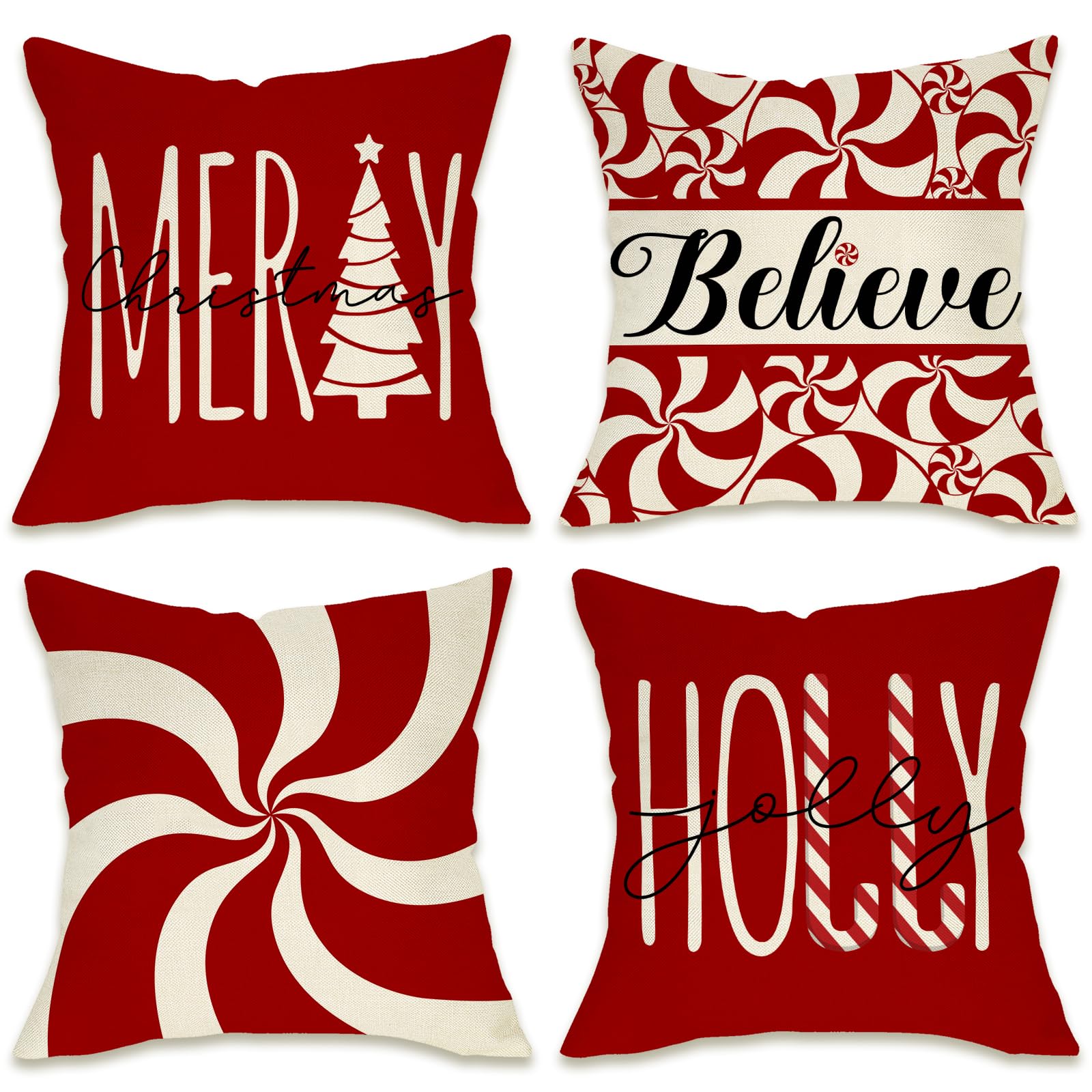 Fahrendom Merry Christmas Tree Decorative Throw Pillow Cover 16 X 16 Set Of 4, Xmas Red Candy Canes Porch Patio Outdoor Pillowca
