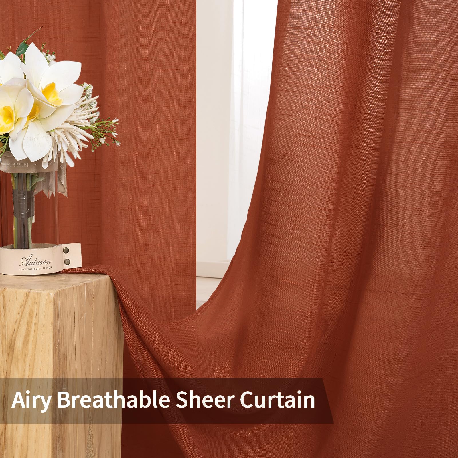 Miulee Burnt Orange 2 Panels 90 Inch Long Farmhouse Linen Sheer Window Curtains Elegant Terracotta Rust Fall Drapes Grommet Top