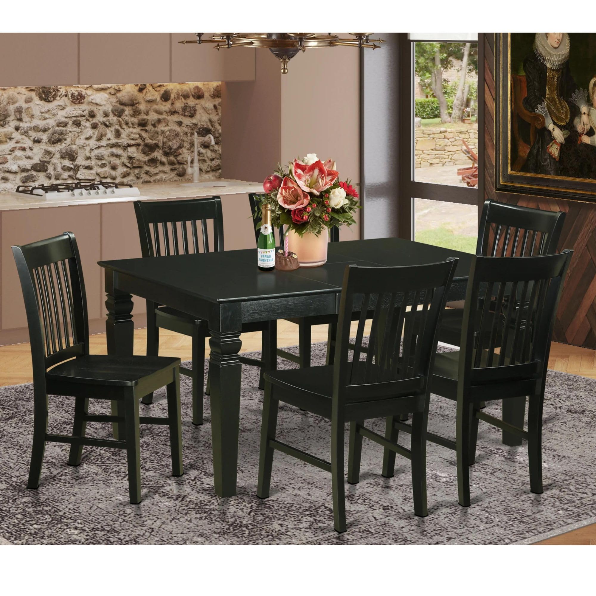 East West Furniture WENO7-BLK-W 7 Piece Modern Dining Table Set Consist of a Rectangle Wooden Table with Butterfly Leaf and 6 Dining Chairs, 42x60 Inch, Black
