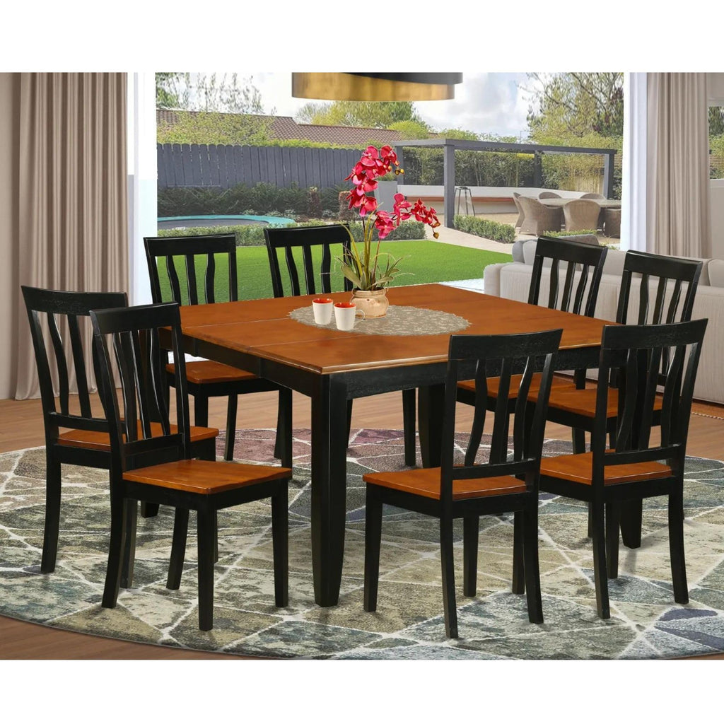 East West Furniture PFAN9-BCH-W 9 Piece Dining Set Includes a Square Dining Table with Butterfly Leaf and 8 Kitchen Chairs, 54x54 Inch, Black & Cherry