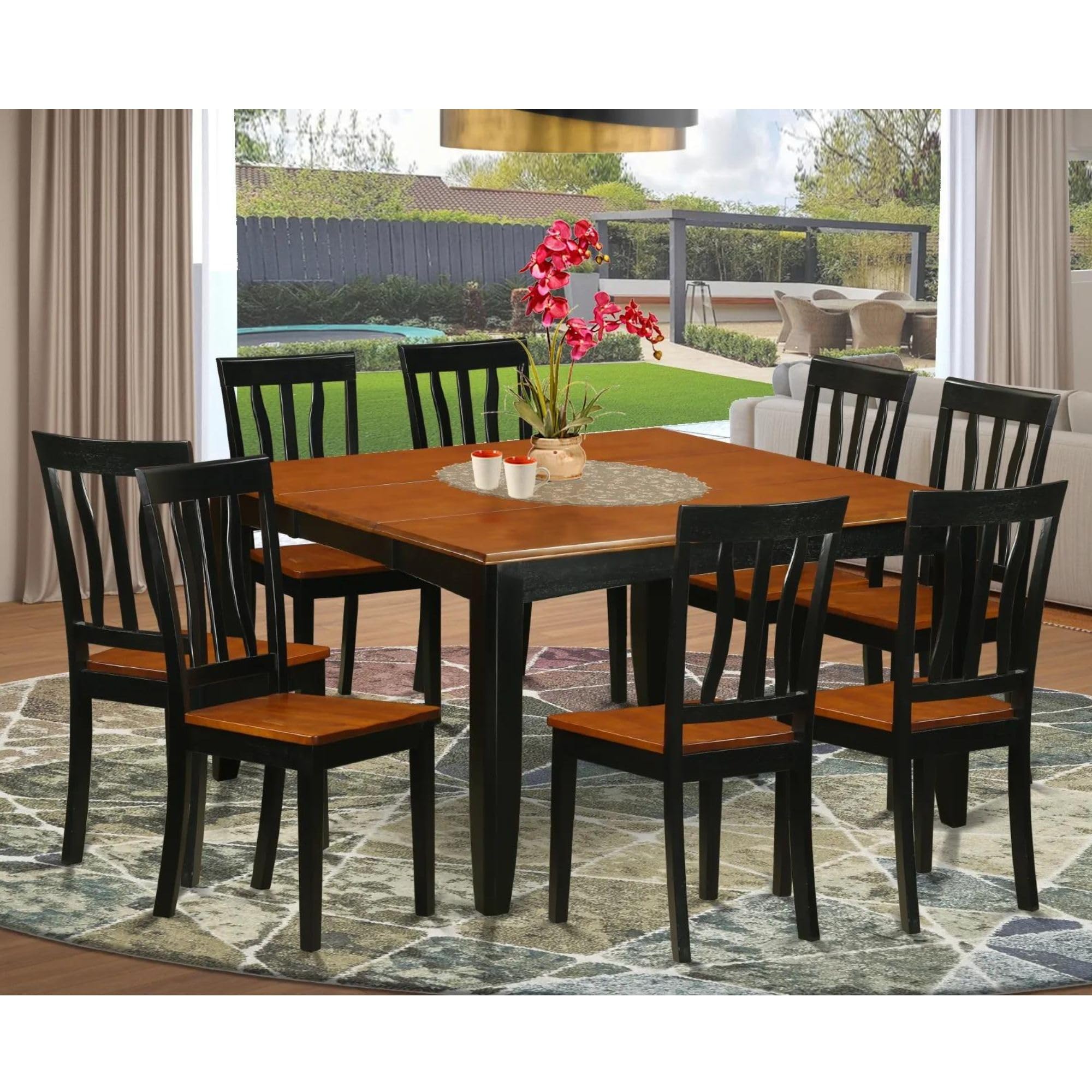 East West Furniture PFAN9-BCH-W 9 Piece Dining Set Includes a Square Dining Table with Butterfly Leaf and 8 Kitchen Chairs, 54x54 Inch, Black & Cherry