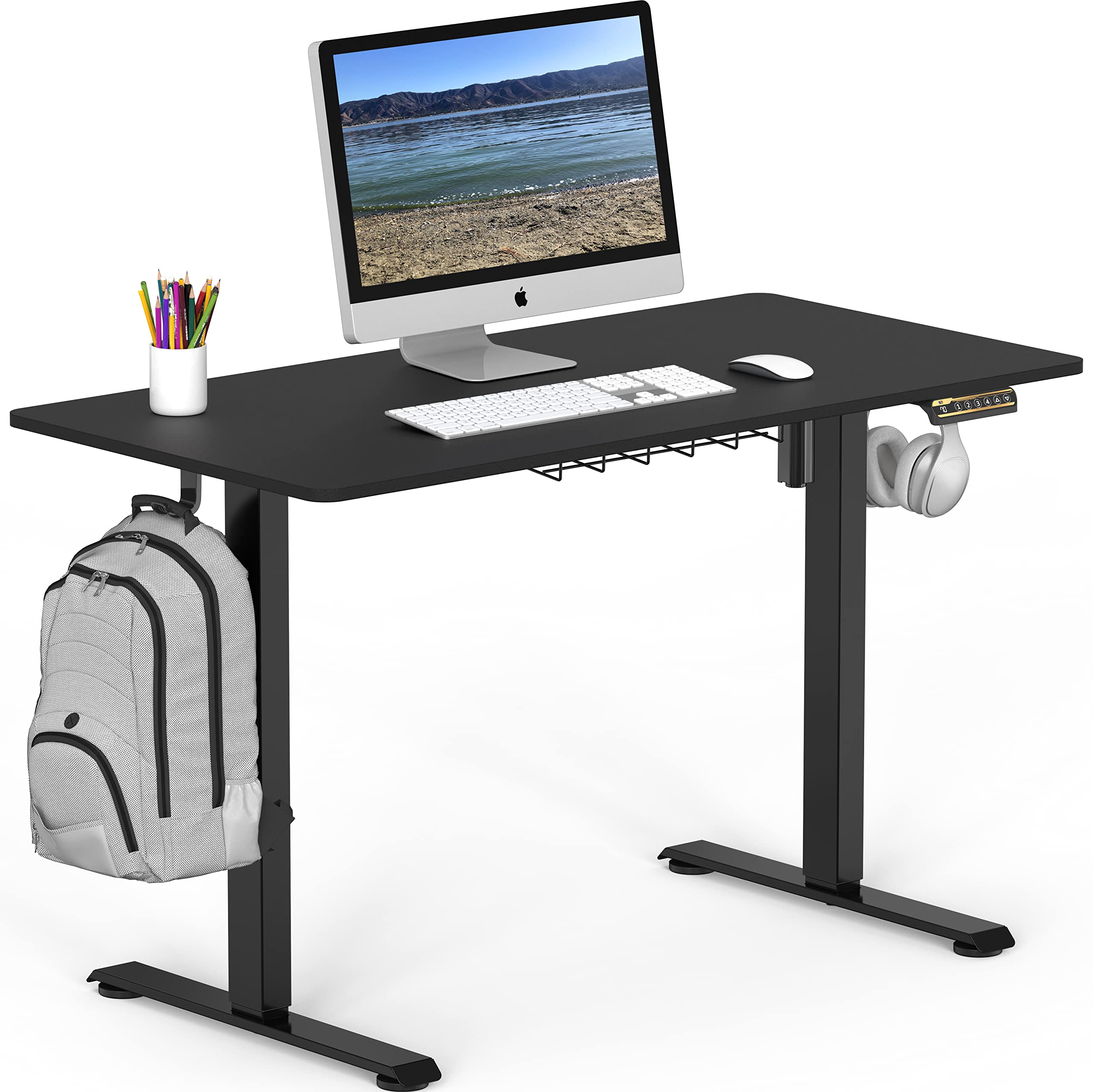 SHW 48-Inch Electric Height Adjustable Sit to Stand Desk with Hanging Hooks and Cable Management, Black Frame and Black Top