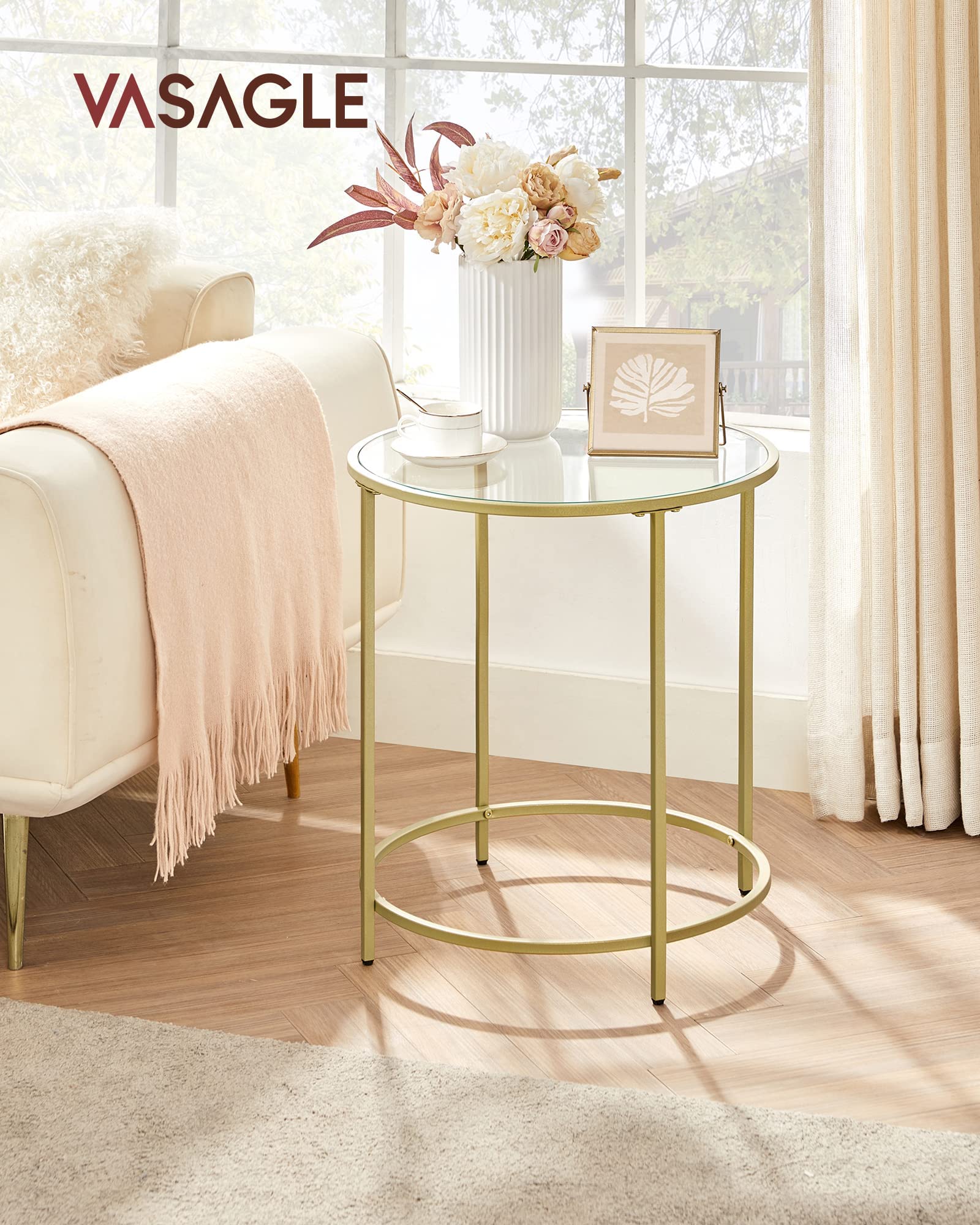 Vasagle Round Side Table, Glass End Table With Metal Frame, Gold Coffee Table With Modern Style, For Living Room, Balcony, Bedroom, Gold Color