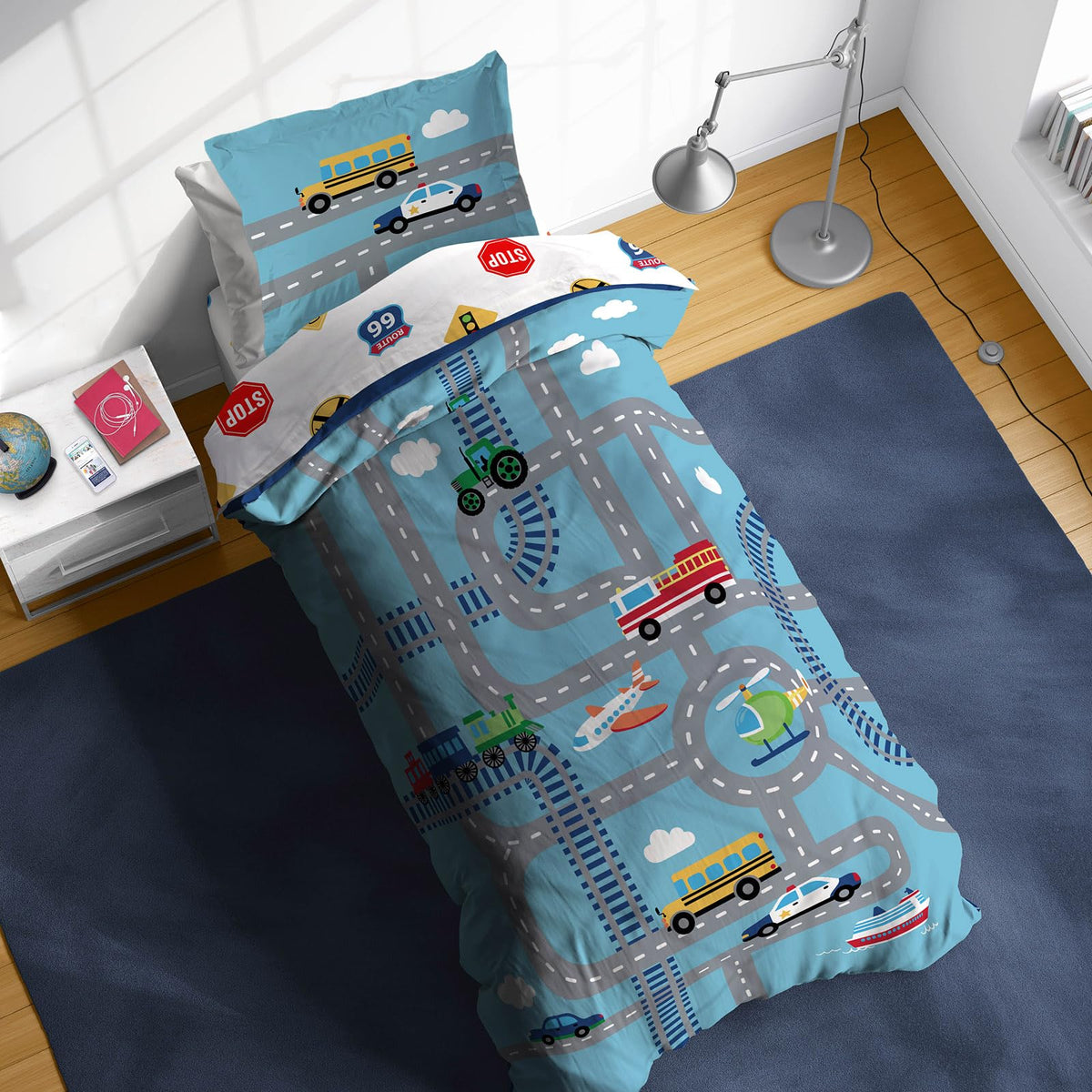 Sunny Side Up On The Go Twin Comforter Set - 5 Piece Kids Bedding Includes Comforter, Sheets & Pillow Cover - Super Soft Vehicle