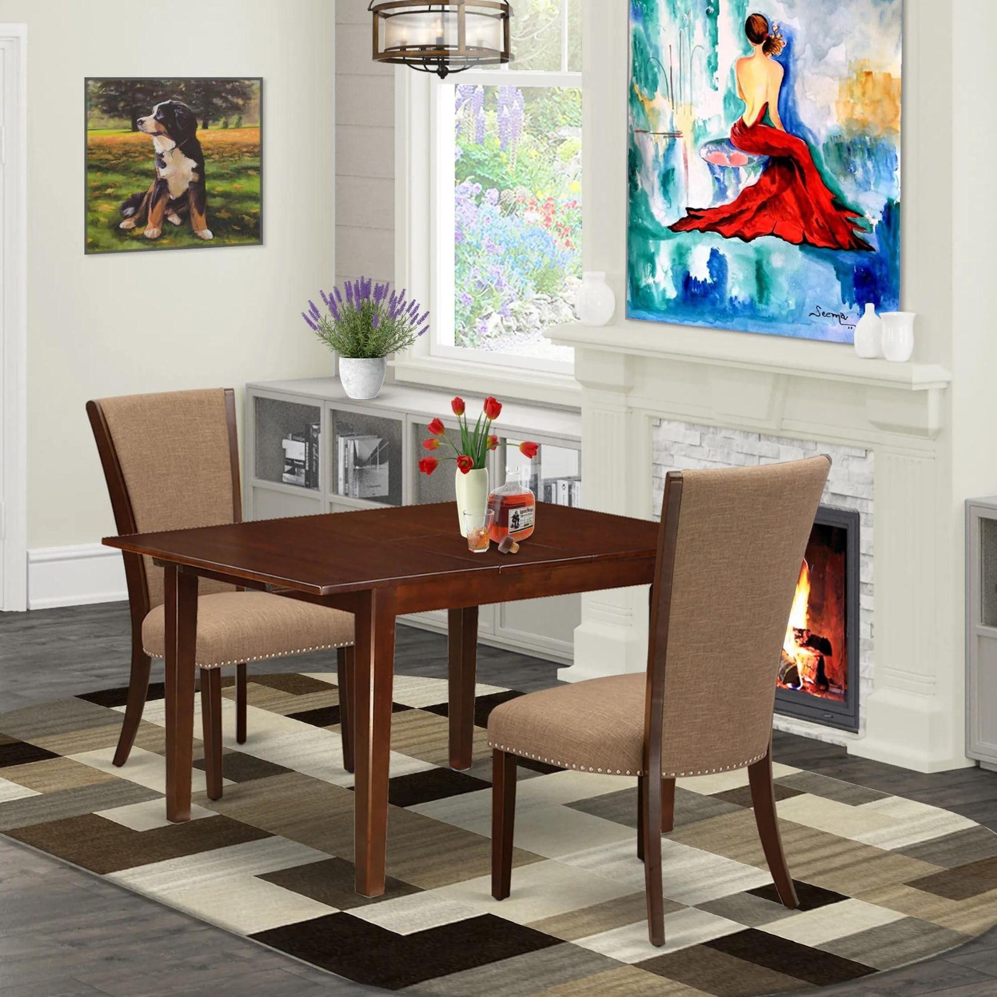 East West Furniture Mlve3-Mah-47 3 Piece Dining Table Set Contains A Rectangle Wooden Table With Butterfly Leaf And 2 Light Sable Linen Fabric Upholstered Chairs, 36X54 Inch, Mahogany