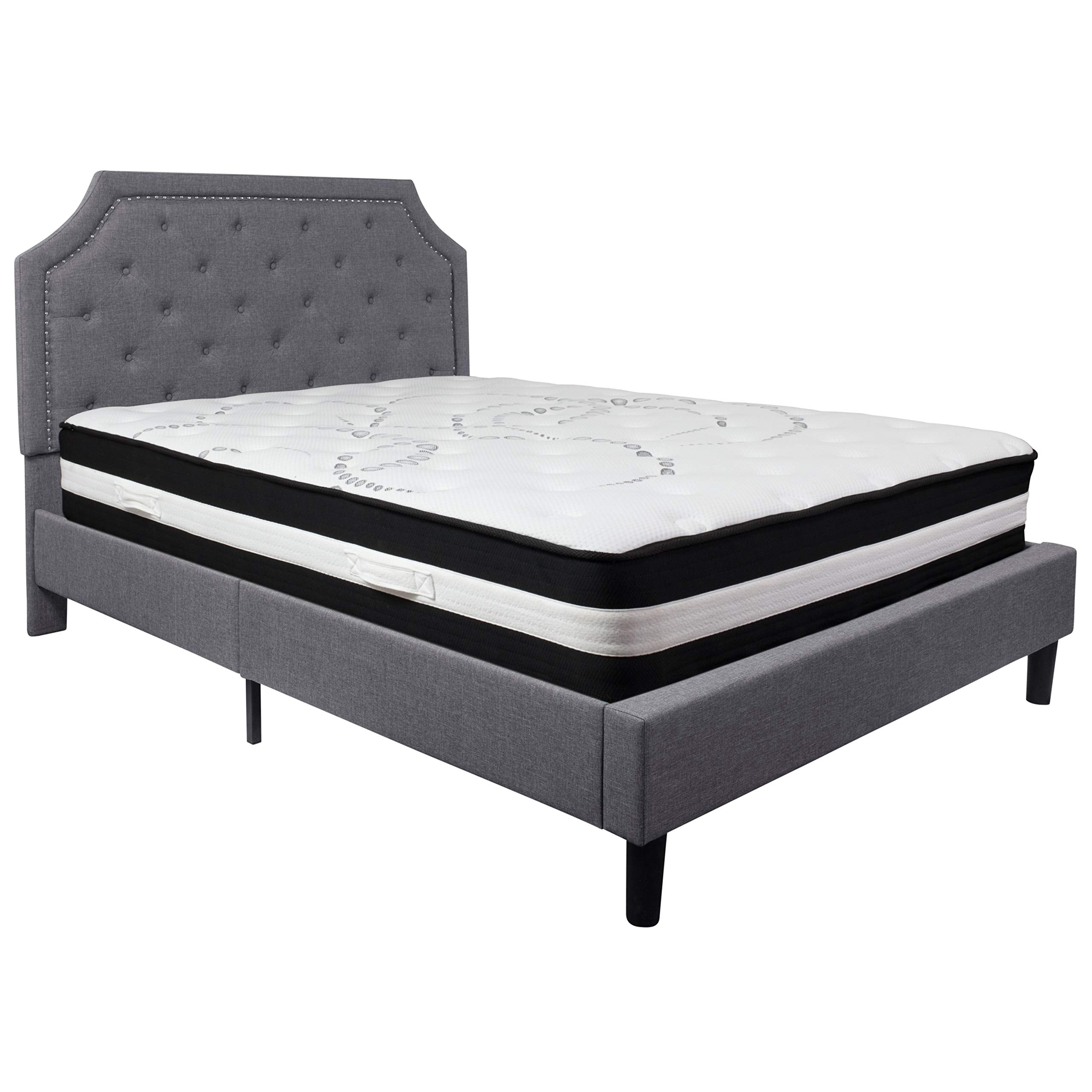 Flash Furniture Brighton Queen Size Tufted Upholstered Platform Bed In Light Gray Fabric With Pocket Spring Mattress