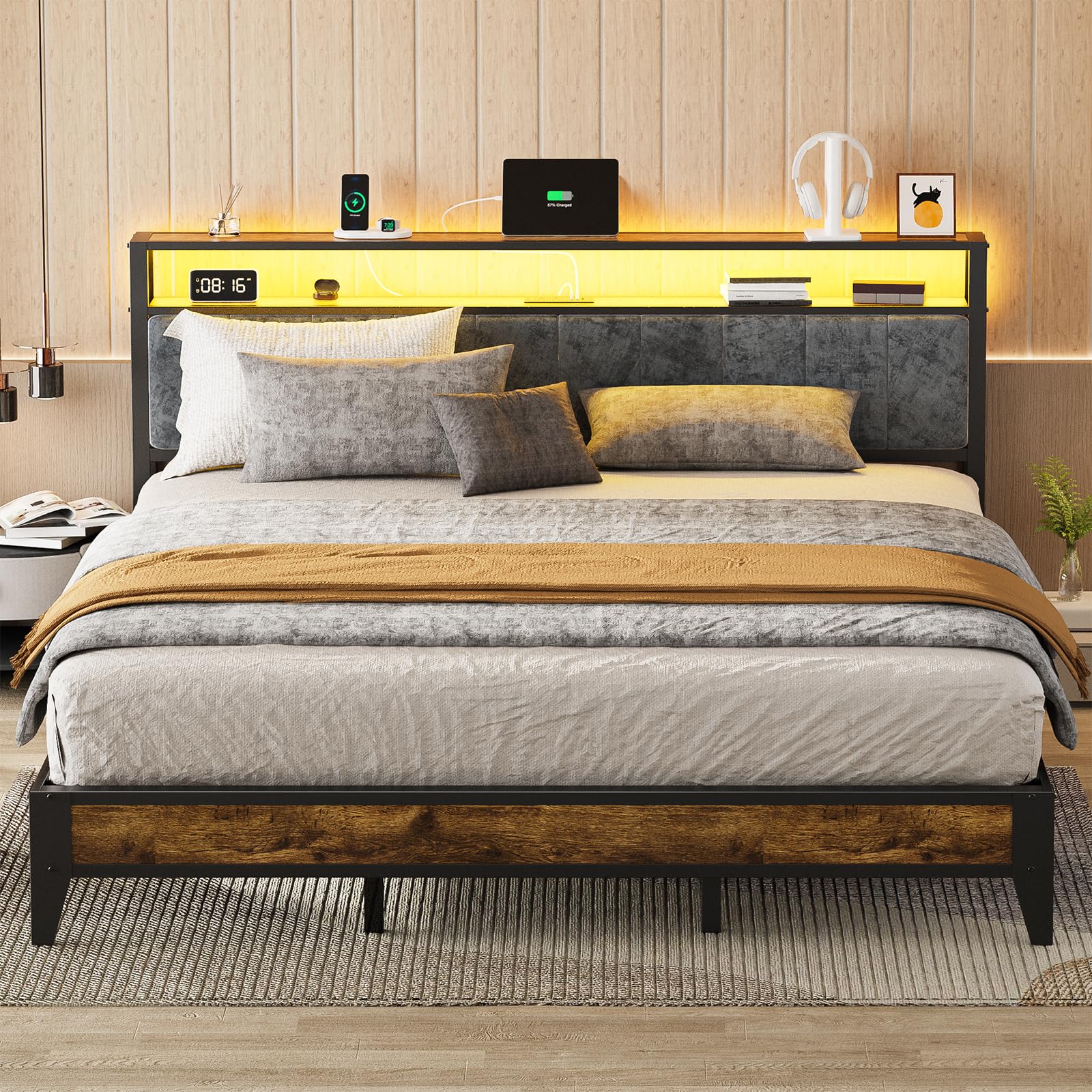 OLEVS King Bed Frame with Headboard, Metal Platform Bed Queen Size with 2-Tier Storage, LED Light & Charging Station Type C, No 
