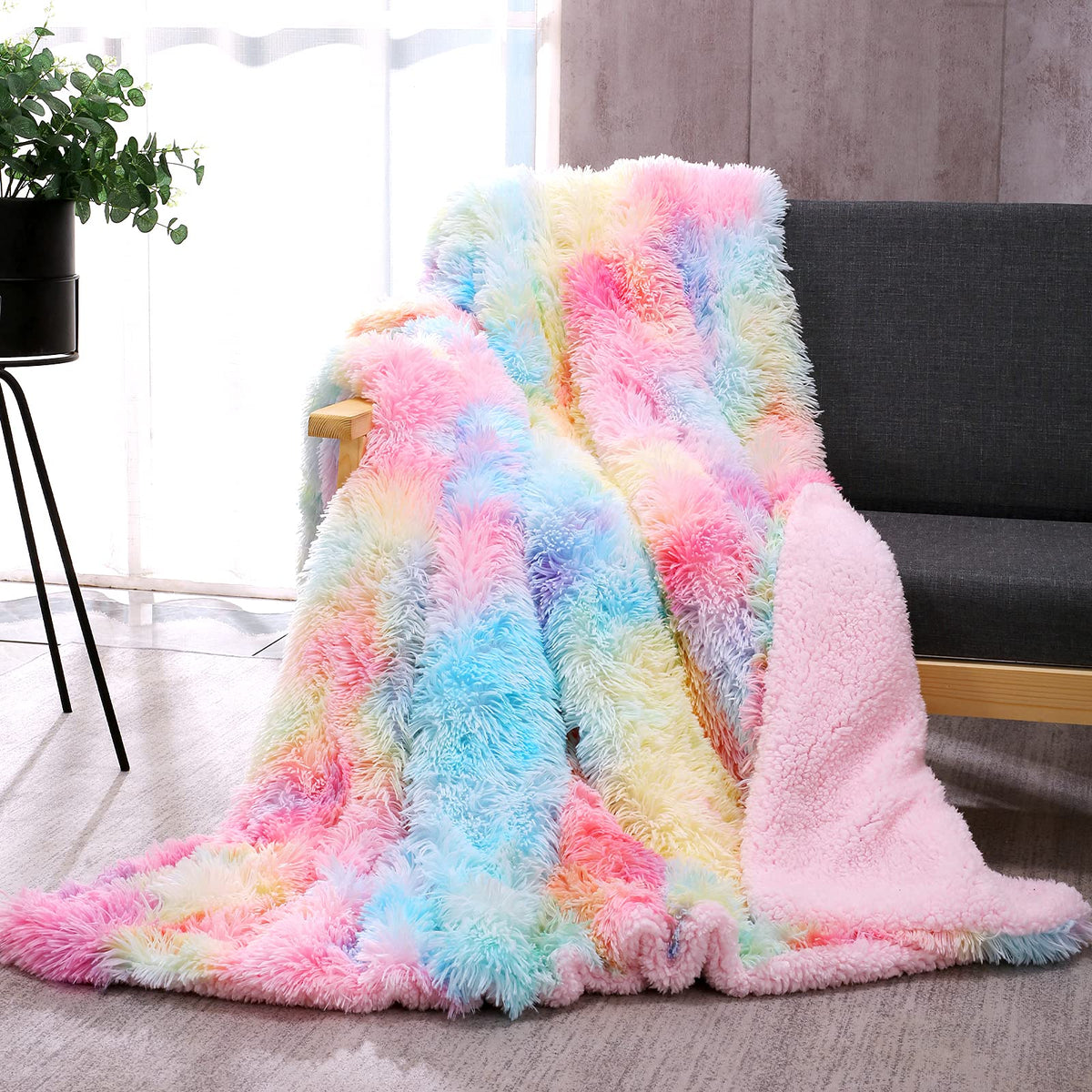 Dangtop Faux Fur Throw Blanket, Tie Dye Fluffy Blanket, Super Soft Rainbow Blanket For Girls, Luxury Cozy Warm Plush Thick Sherp