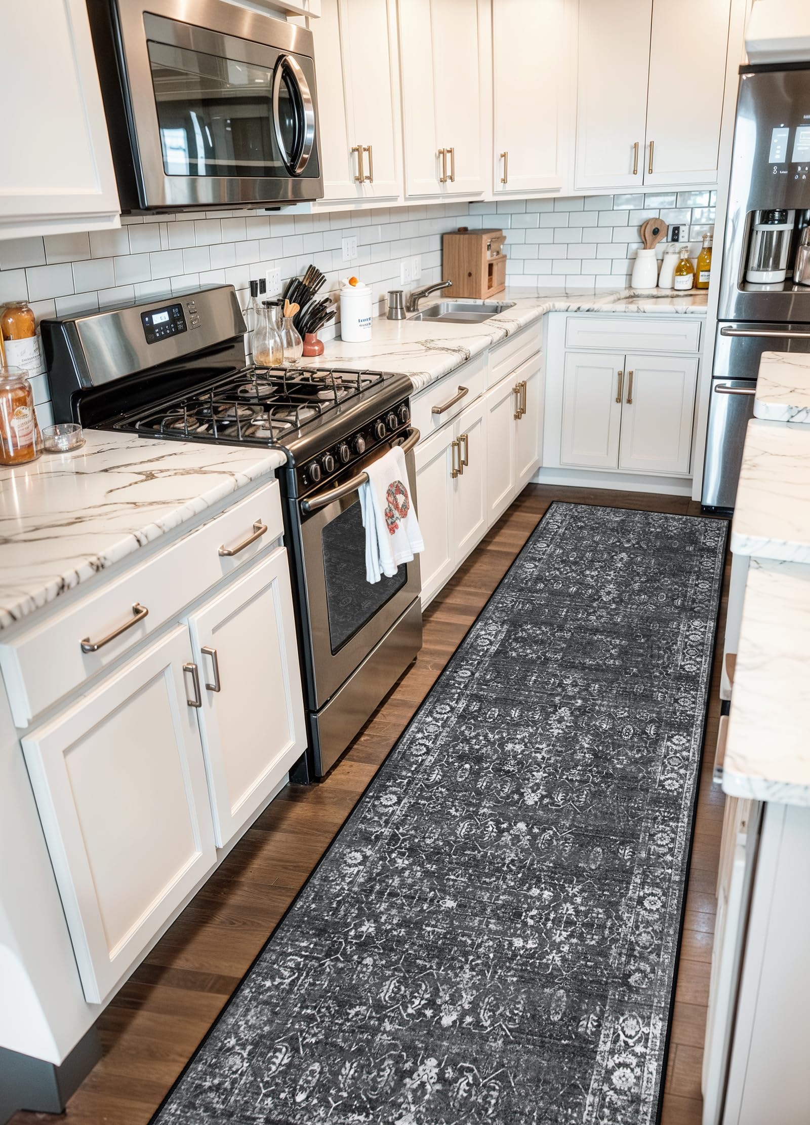 Lahome Black Washable Runners for Hallways,Boho 2'6''x10' Kitchen Runner Rugs Non Skid Washable Indoor Bathroom Runner Rug,Distr