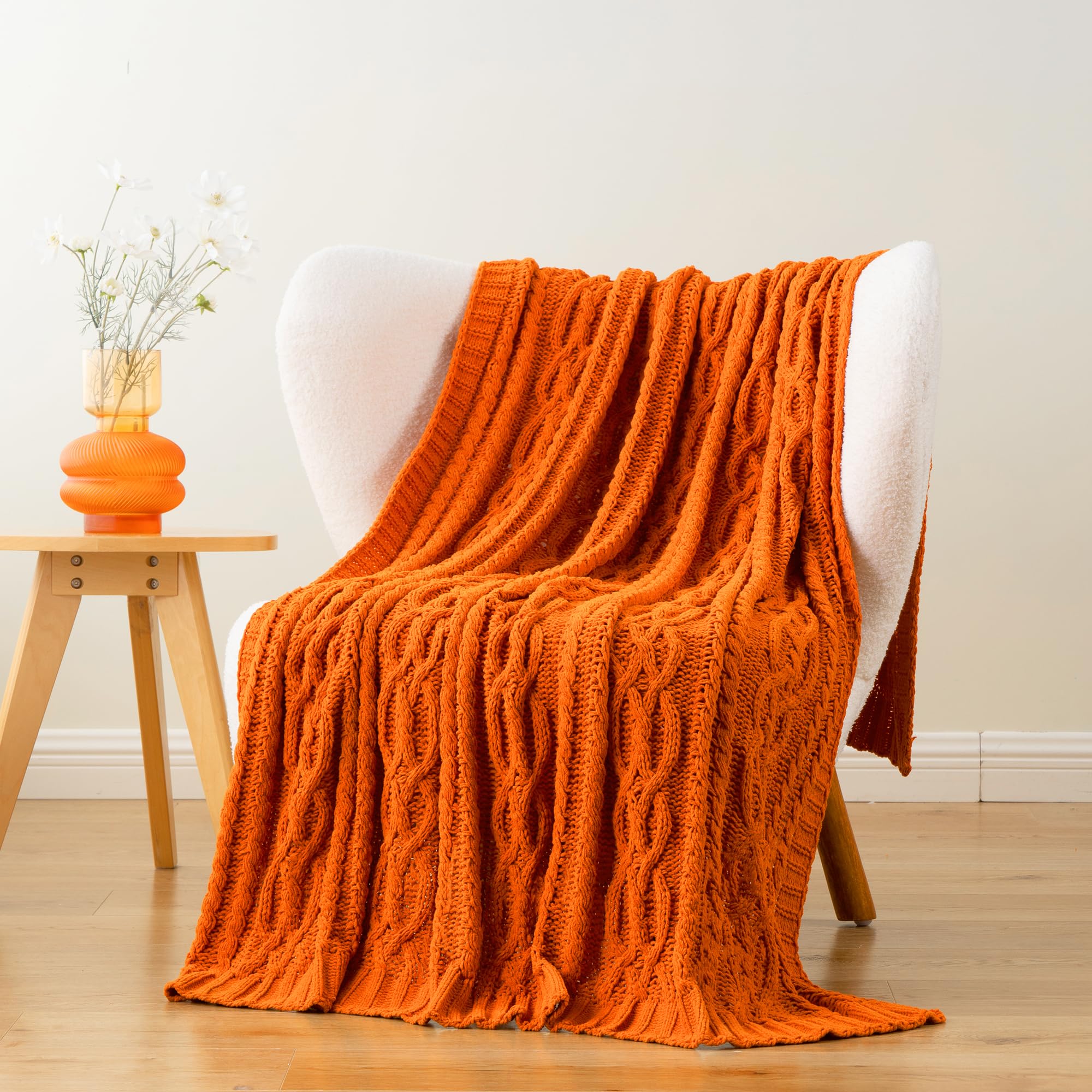 Battilo Burnt Orange Throw Blanket 51' X 67' Warm Fall Throw Blanket For Couch, Halloween Throw Blanket,Woven Chenille Knit Th