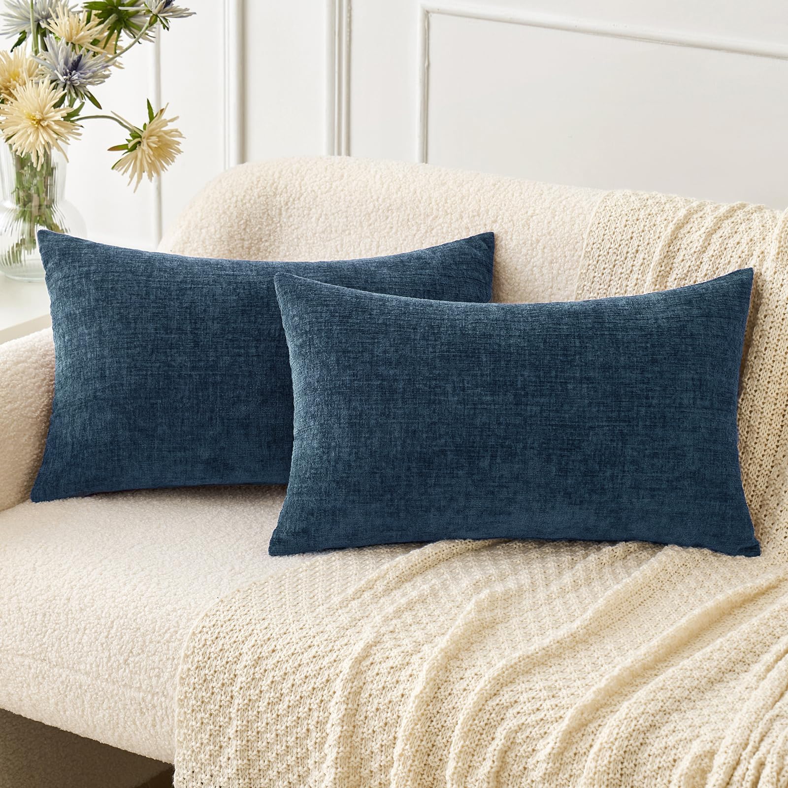 Miulee Pack Of 2 Blue Throw Pillow Covers 12X20 Inch Soft Chenille Pillow Covers For Sofa Living Room Couch Solid Dyed Cases