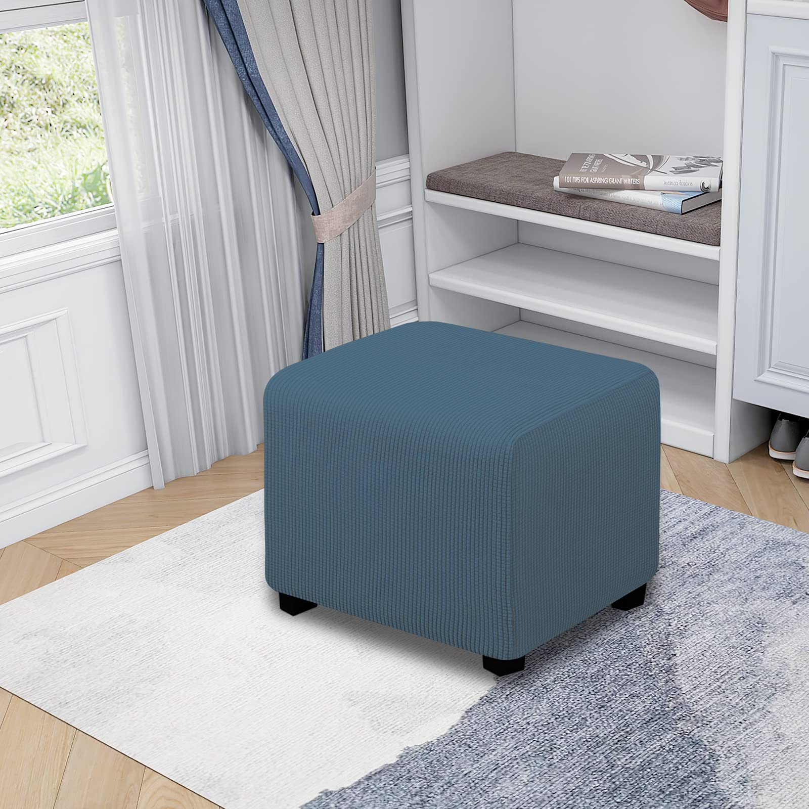 Easy-Going Stretch Ottoman Cover Folding Storage Stool Furniture Protector Soft Rectangle Slipcover With Elastic Bottom (X-Small,Bluestone)