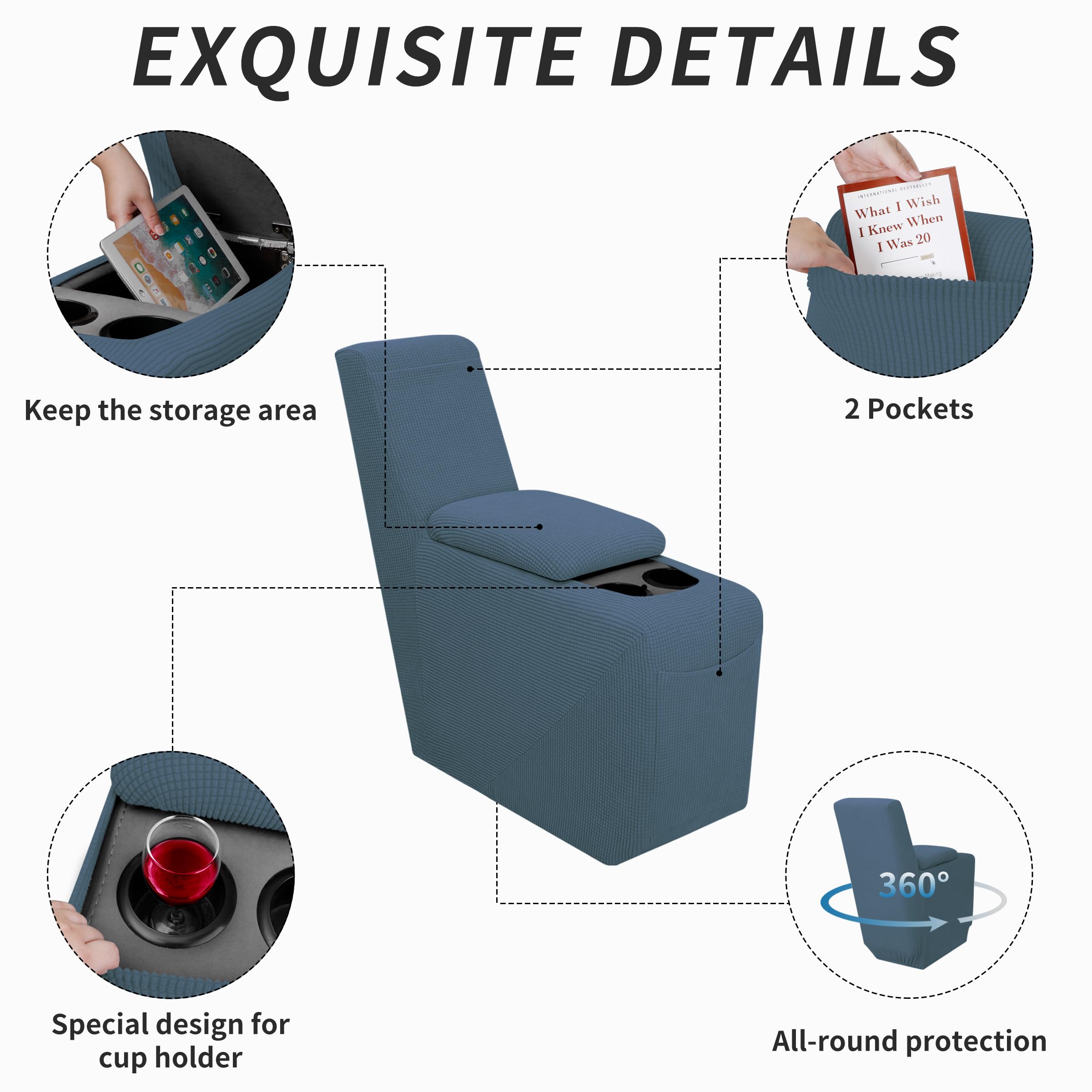 Easy-Going 2-Piece Recliner Console Cover For Reclining Loveseat Covers Stretch Jacquard Middle Console Cover For Recliner Couch And Sofa Bluestone