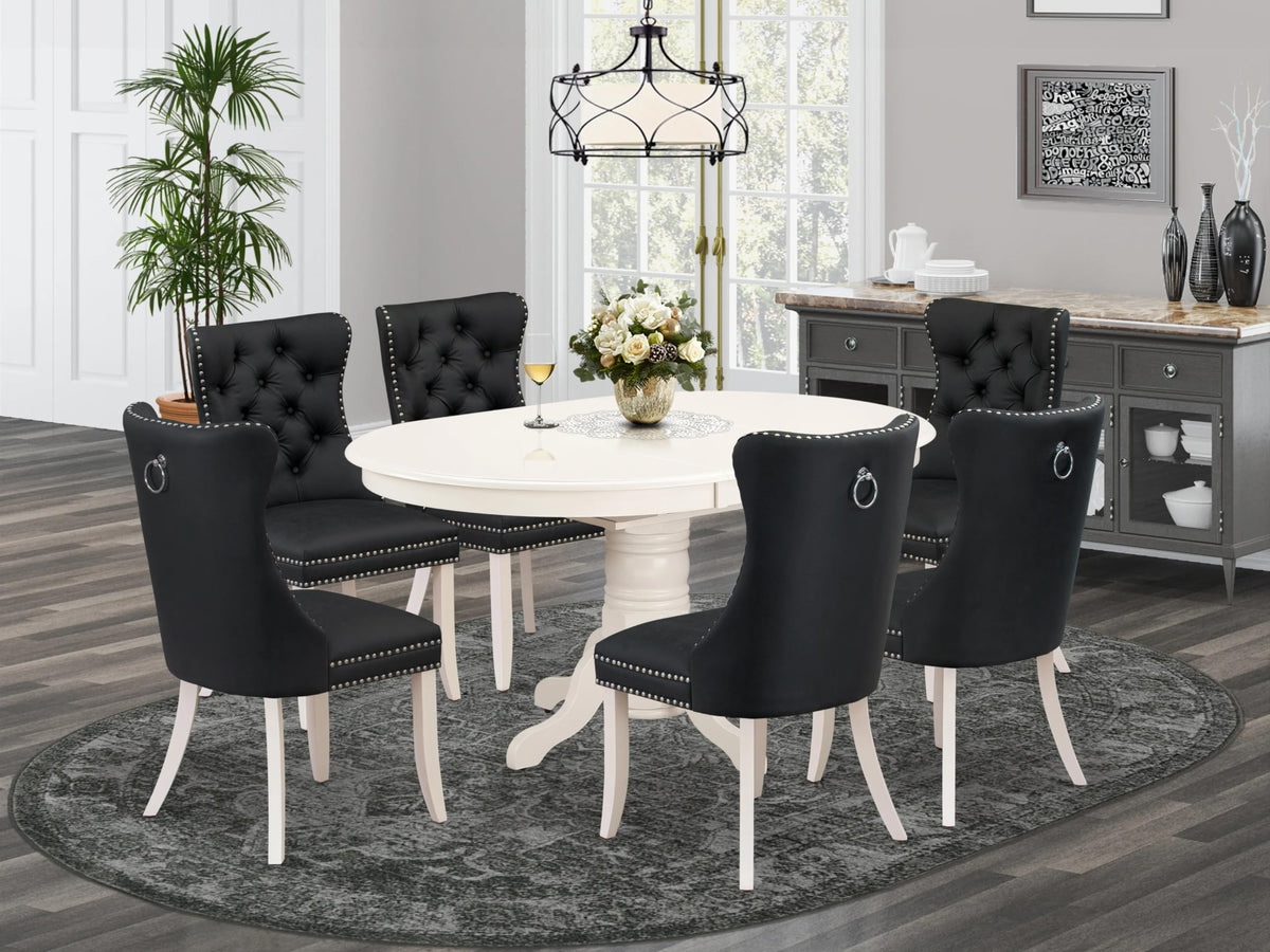East West Furniture Avda7-Lwh-12 7 Piece Dining Set Includes An Oval Dining Table With Butterfly Leaf And 6 Upholstered Chairs, Linen White