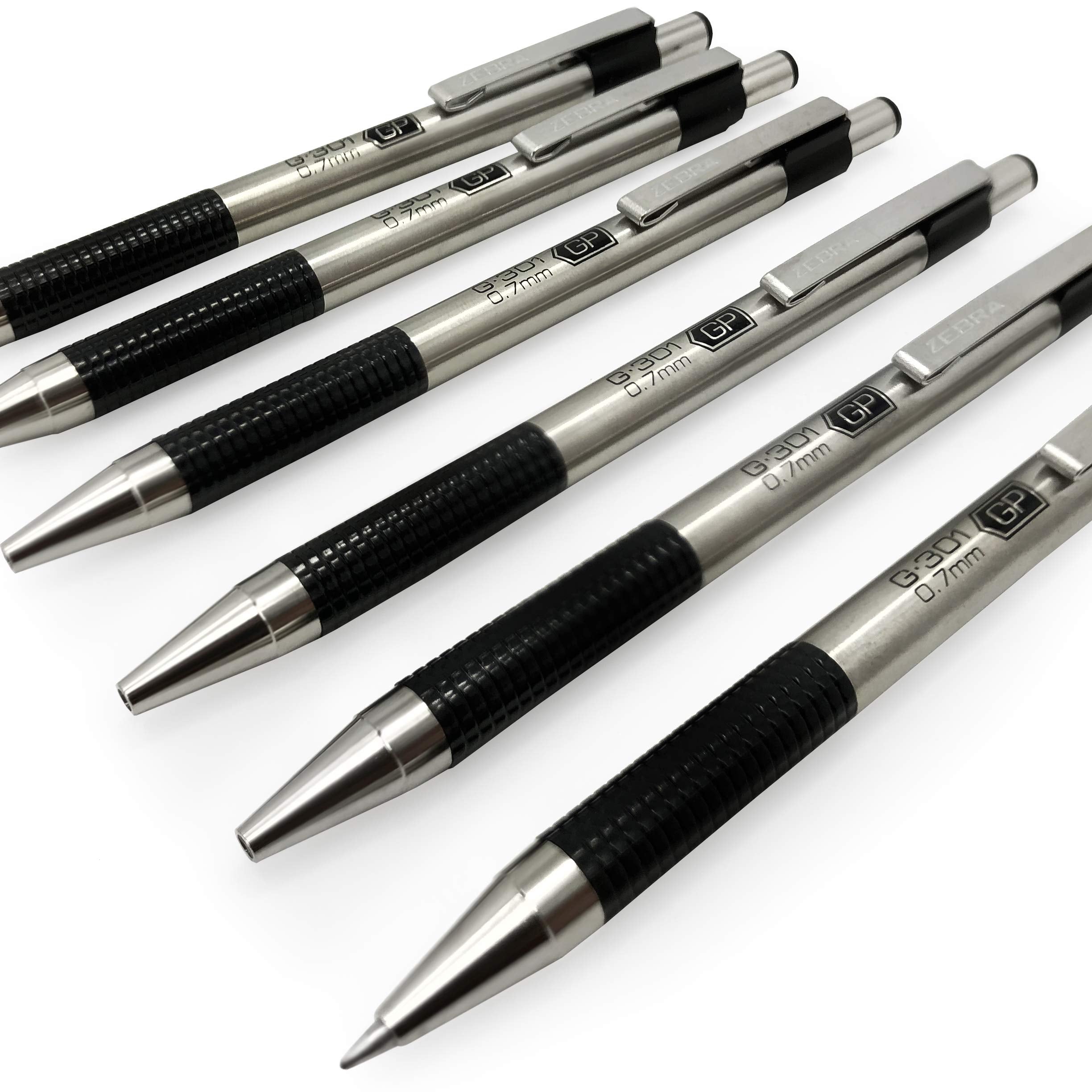 Zebra G-301 Retractable Rollerball Pen - Stainless Steel Barrel - 0.7Mm - Black Ink - Pack Of 6