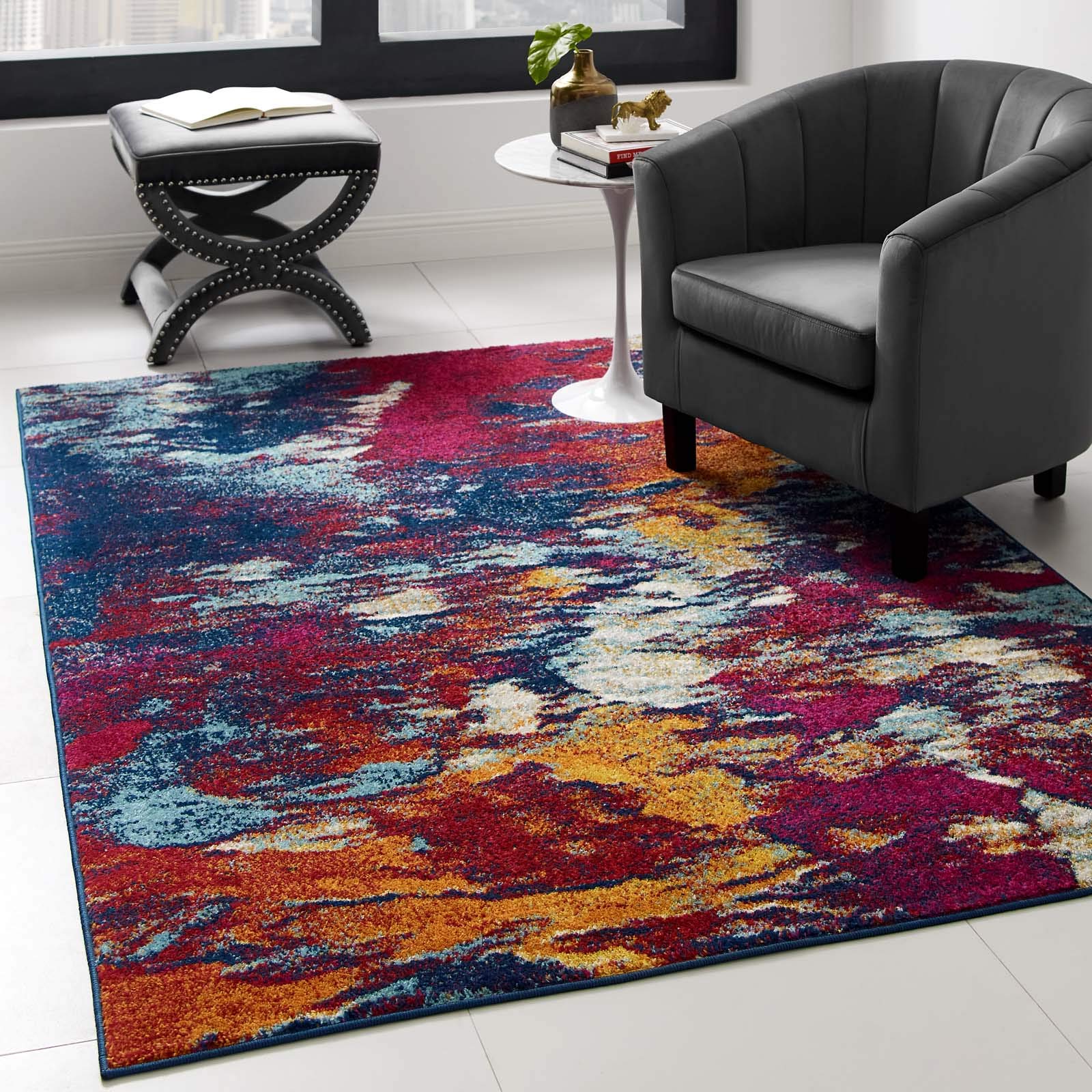 Modway Entourage Foliage Contemporary Modern Abstract Area Rug, 5X8, Blue, Orange, Yellow, Red