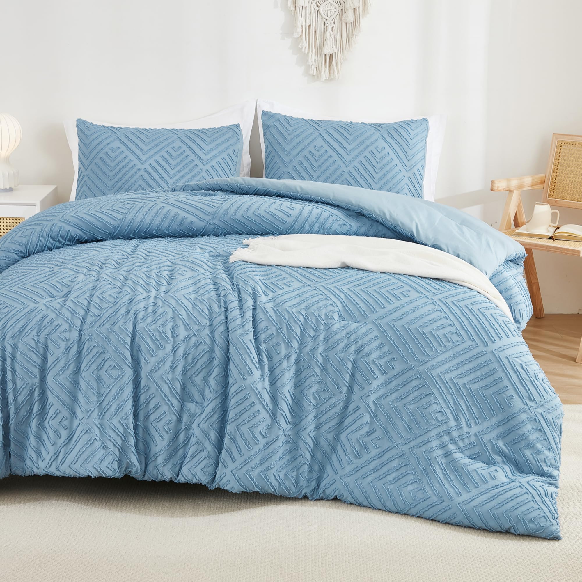 Andency Grayish Blue Comforter Set Queen Size, Lightweight Fluffy Bedding Comforter Sets For Queen Bed, 3 Pieces Tufted Farmhous