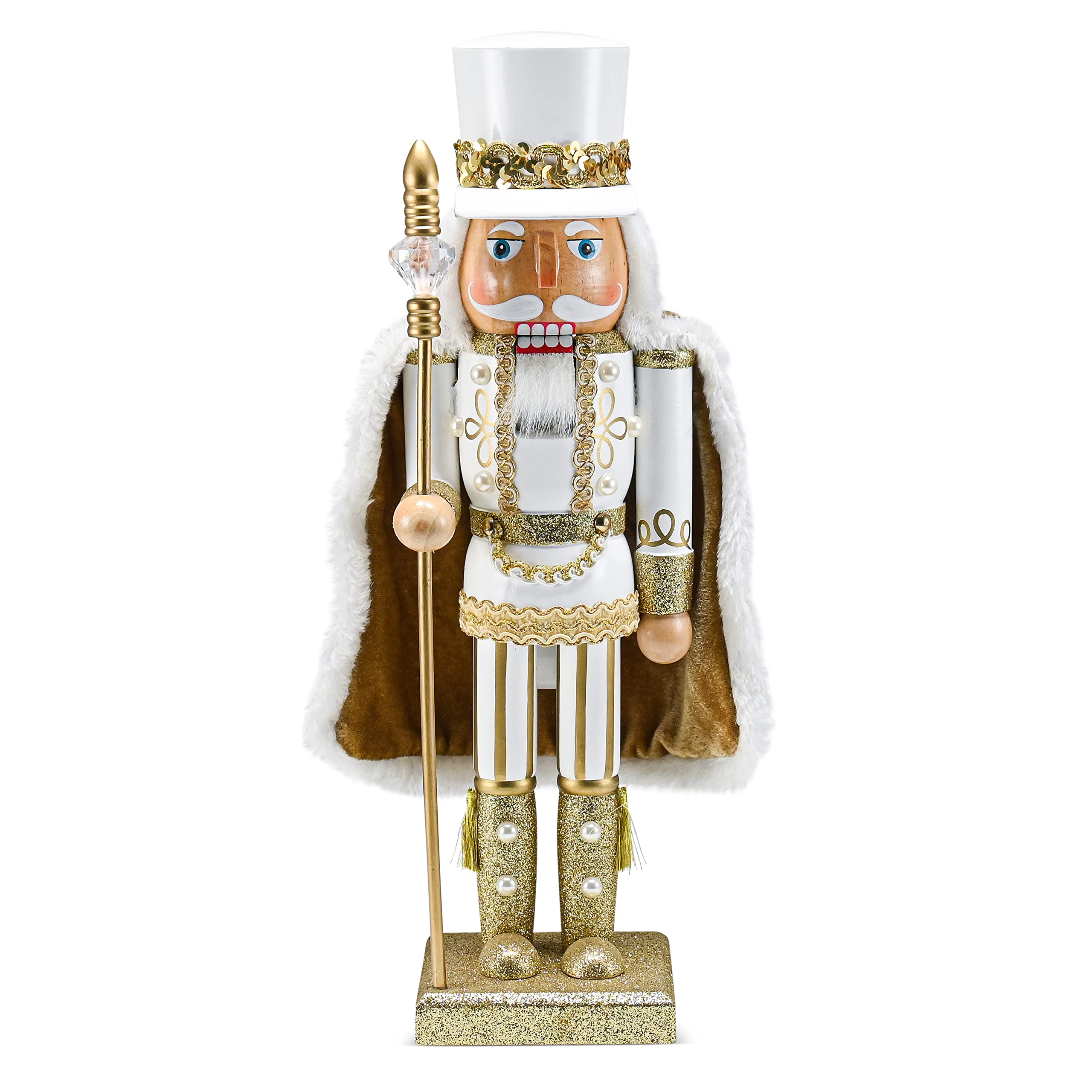 Ornativity Christmas Gold King Nutcracker - Gold and White Glittered Wooden Nutcracker Man with Gold and White Fur Cape and Staf