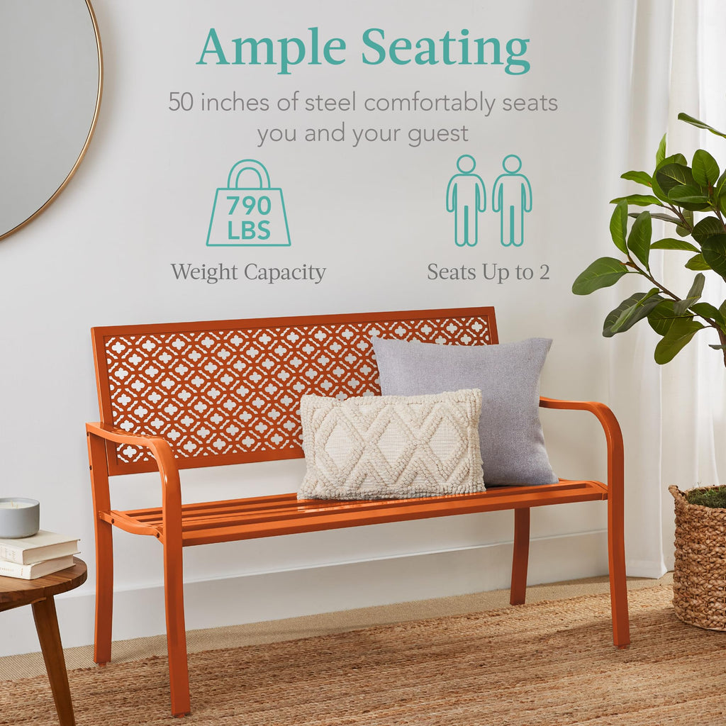 Best Choice Products Outdoor Bench 2-Person Metal Steel Benches Furniture For Garden, Patio, Porch, Entryway W/Geometric Backrest, 790Lb Capacity - Carrot