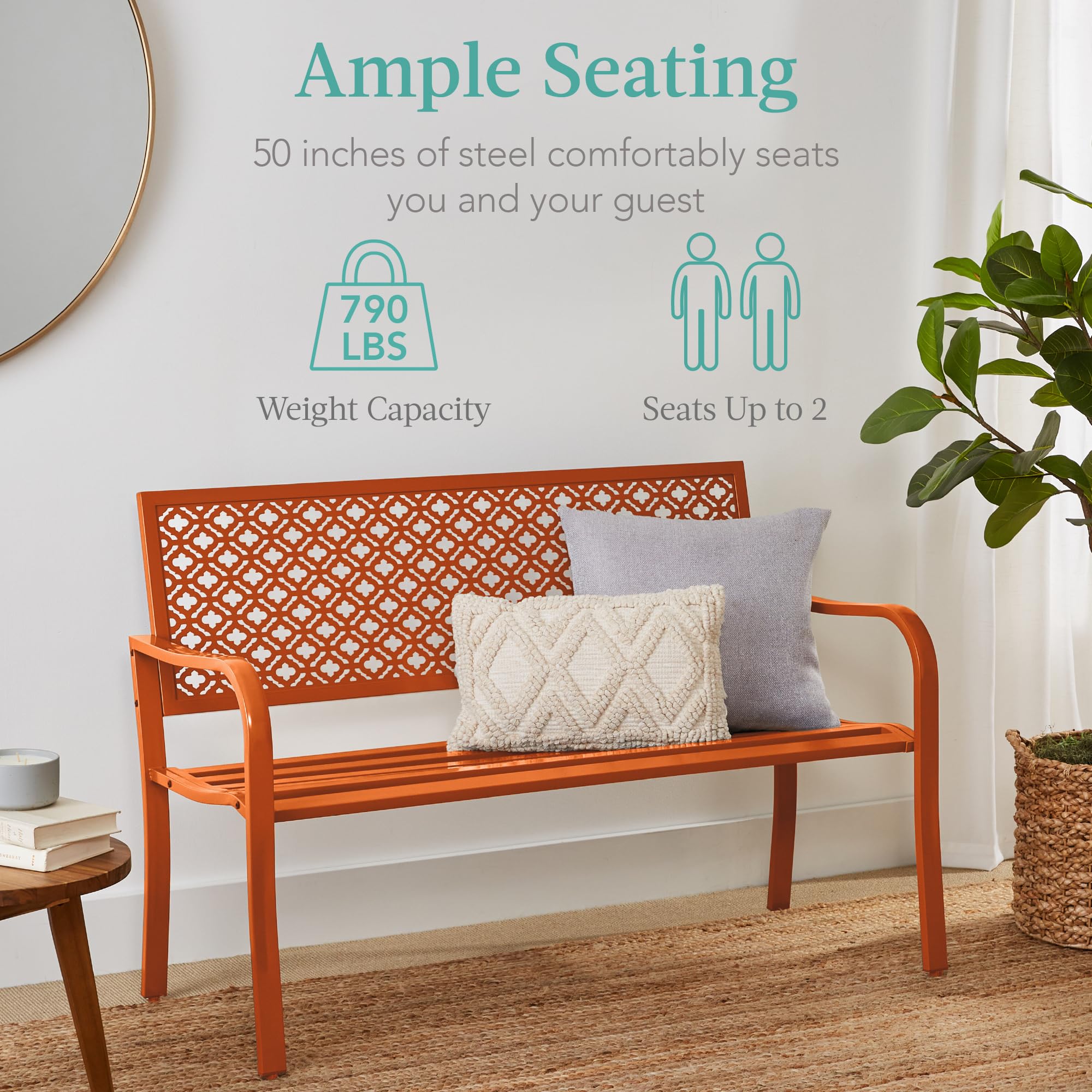 Best Choice Products Outdoor Bench 2-Person Metal Steel Benches Furniture For Garden, Patio, Porch, Entryway W/Geometric Backrest, 790Lb Capacity - Carrot