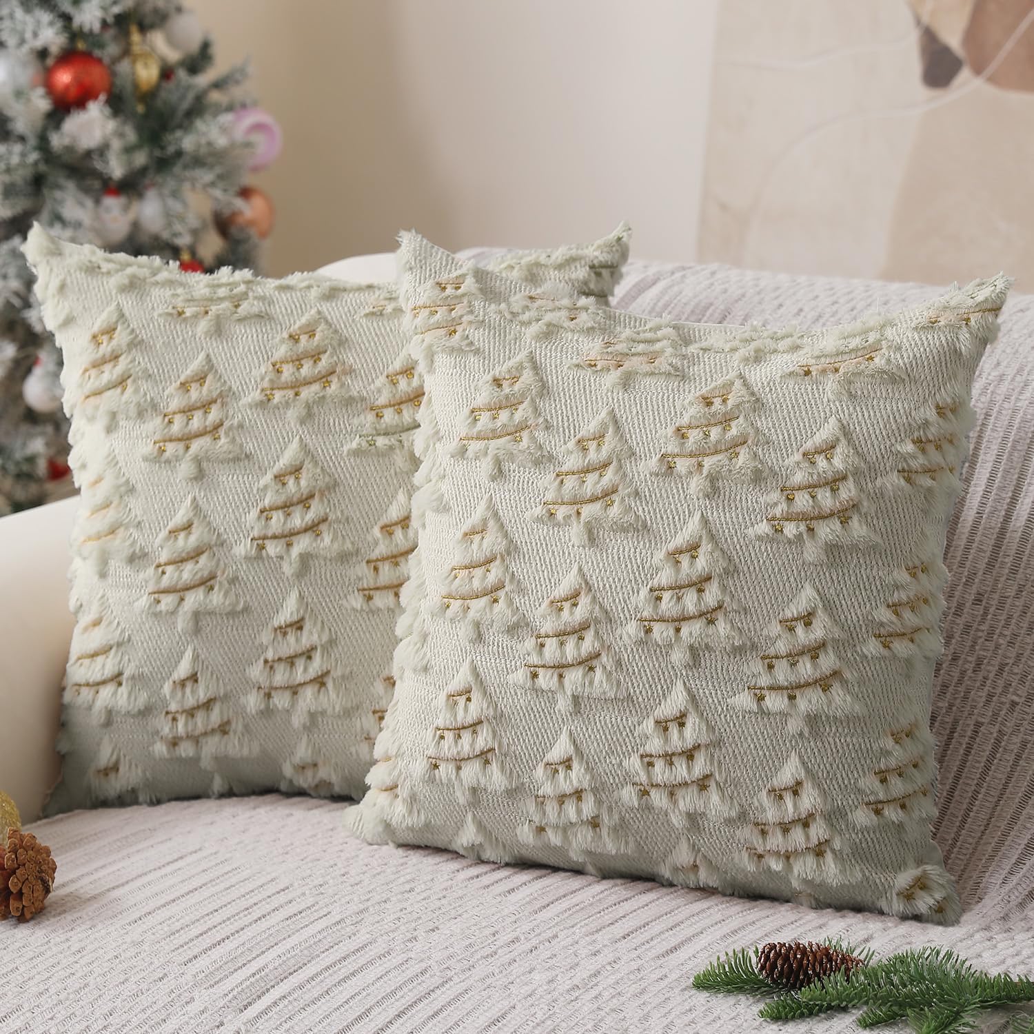Allorry Christmas Pillow Covers 18X18 Inch Set Of 2 Cream Christmas Tree Throw Pillow Cases Decorations Soft Plush Faux Fur Embr
