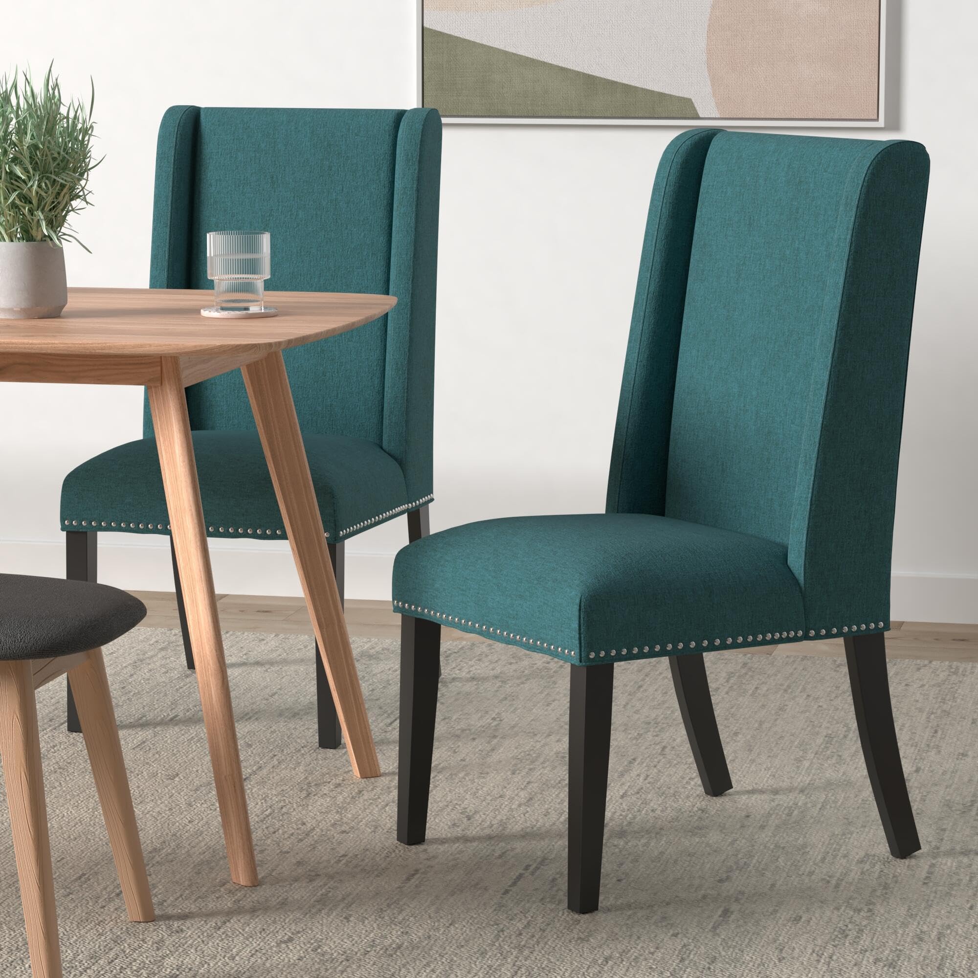 Modway Baron Modern Tall Back Wood Upholstered Fabric Two Dining Chairs In Teal
