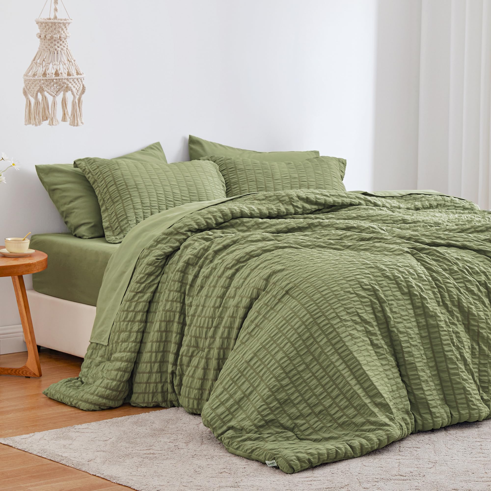 Love'S Cabin Seersucker Sage Green Twin Comforter Set 5 Pieces, All Season Bedding Set, Twin Bed In A Bag Comforter Set With Comforter, Flat Sheet, Fitted Sheet, Pillowcase And Pillow Sham