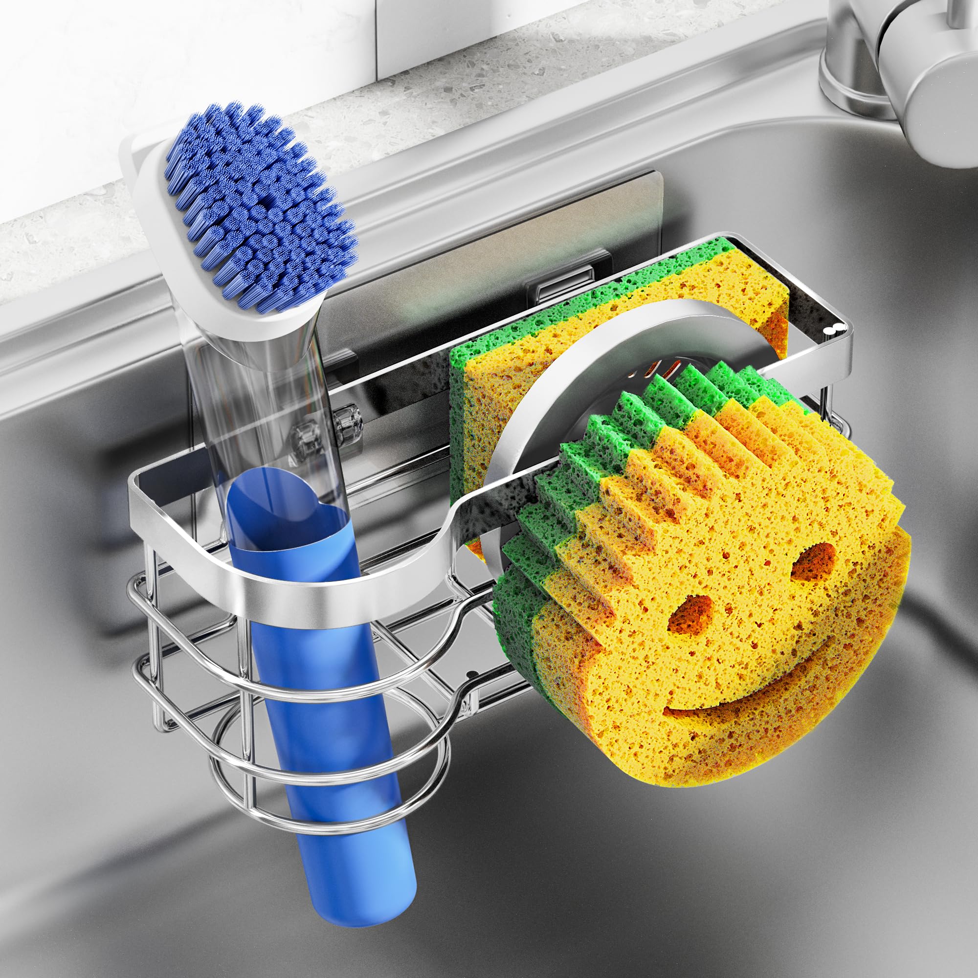 Cisily Smiley Sponge Holder for Kitchen Sink Caddy, Stainless Steel Movable Brush Holder Dish Cloth Hanger, Suction Cup Sink Cad