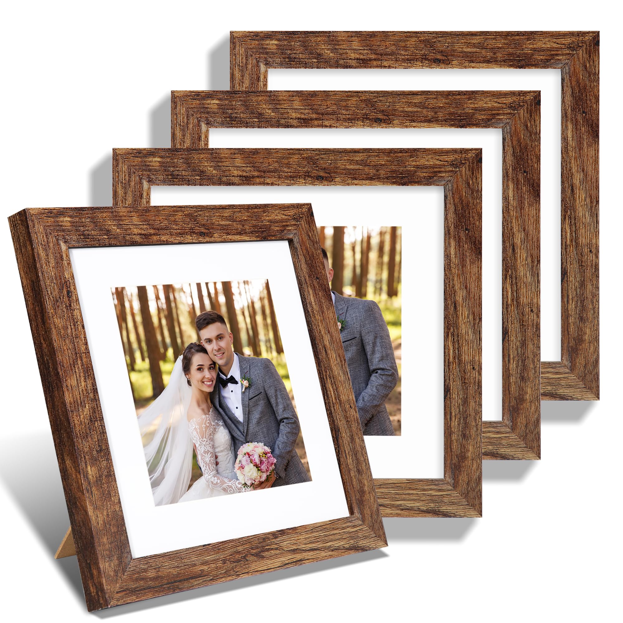 Hongkee 8x8 Picture Frames Set of 4, Made of Glass and Rustic Brown Wooden Frame - Display Picture 6x6 with Mat or 8 x 8 Without