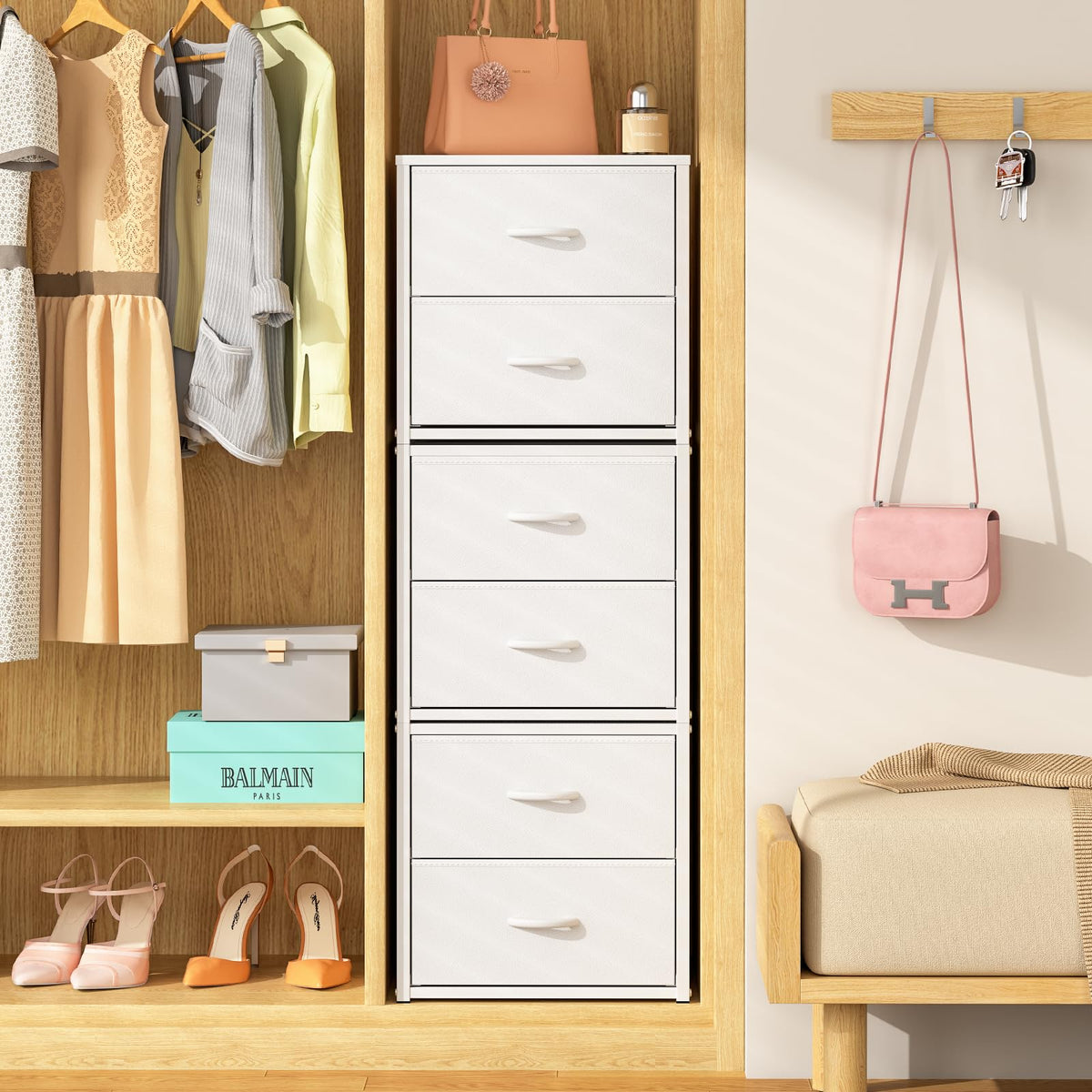 DAOUTIME 3Pack Stackable Storage Drawers (6 Drawers Total), White Closet Organizer for Clothes, Stackable Drawer Dresser for Cl