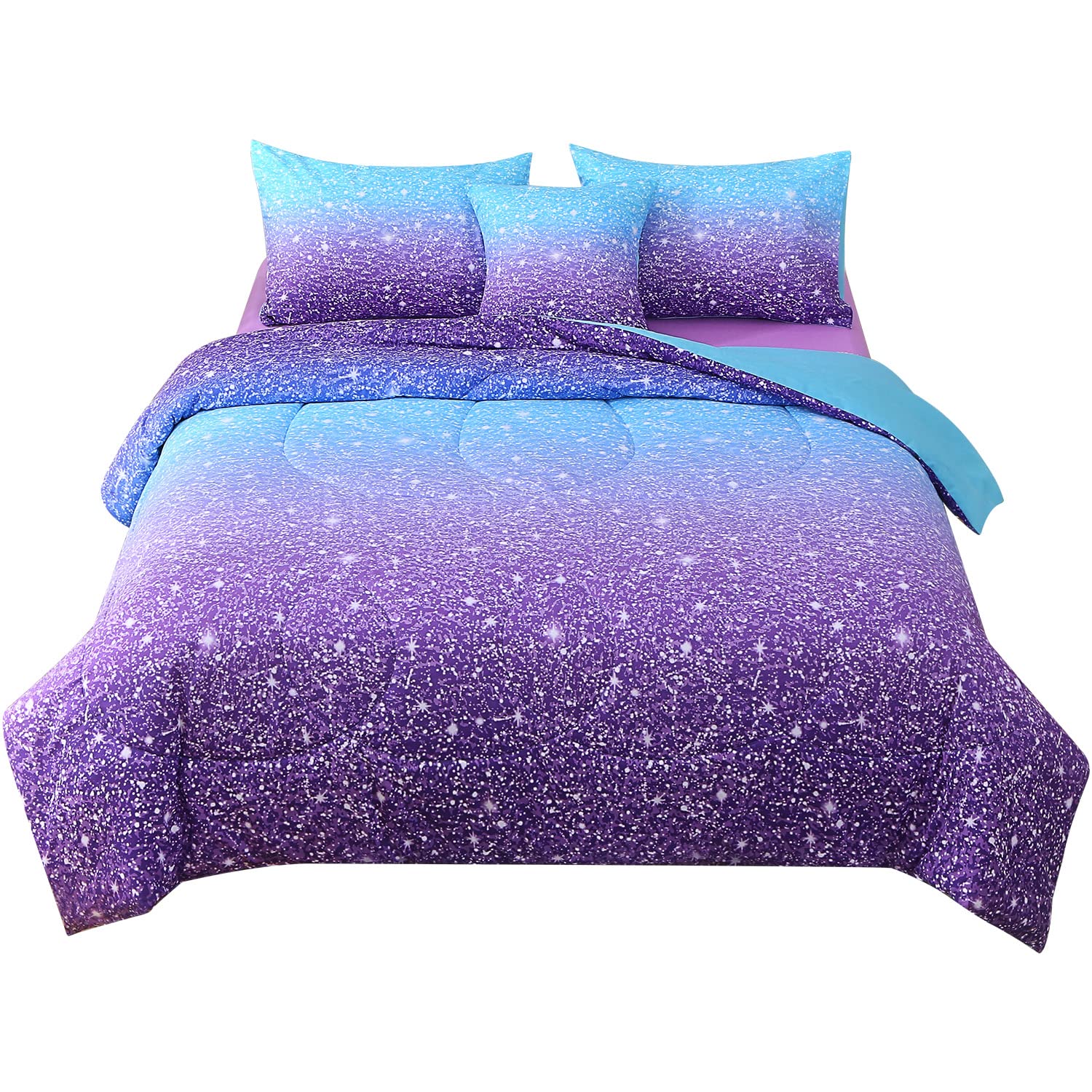 Jqinhome Full Blue Purple Comforter Set, 6 Piece Bed In A Bag 3D Colorful Ombre Bedding Set For Girls Women (1 Comforter,2 Pillo