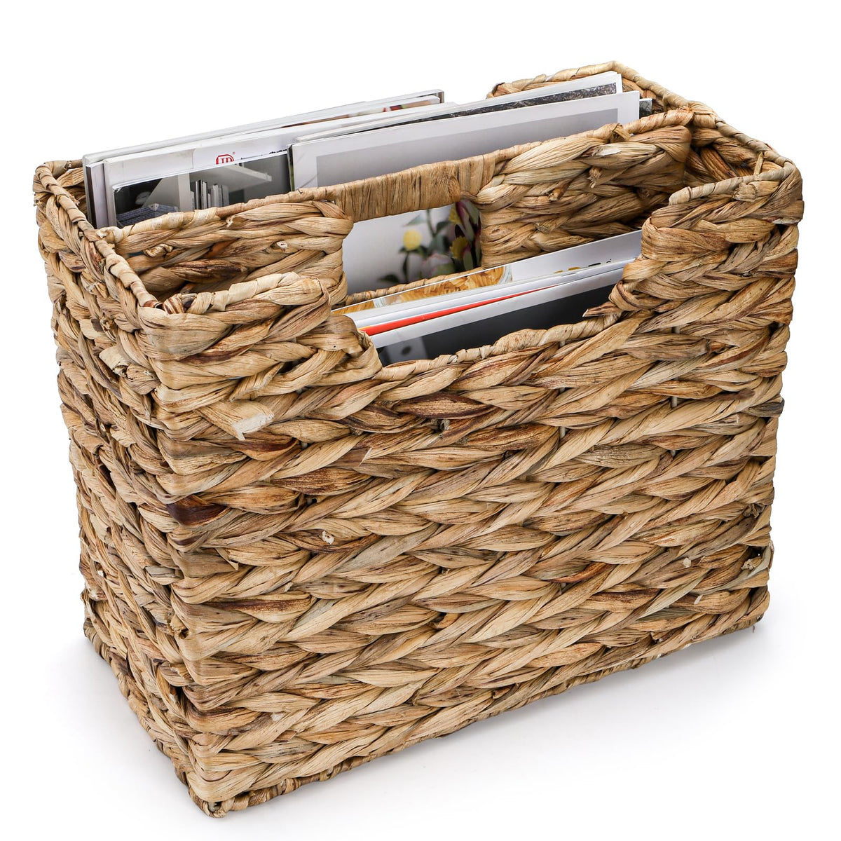 Yesland HandWoven Magazine Basket 14.5x8x11.75  Natural Water Hyacinth Wicker Storage Organizer with Handle, 2 Compartments