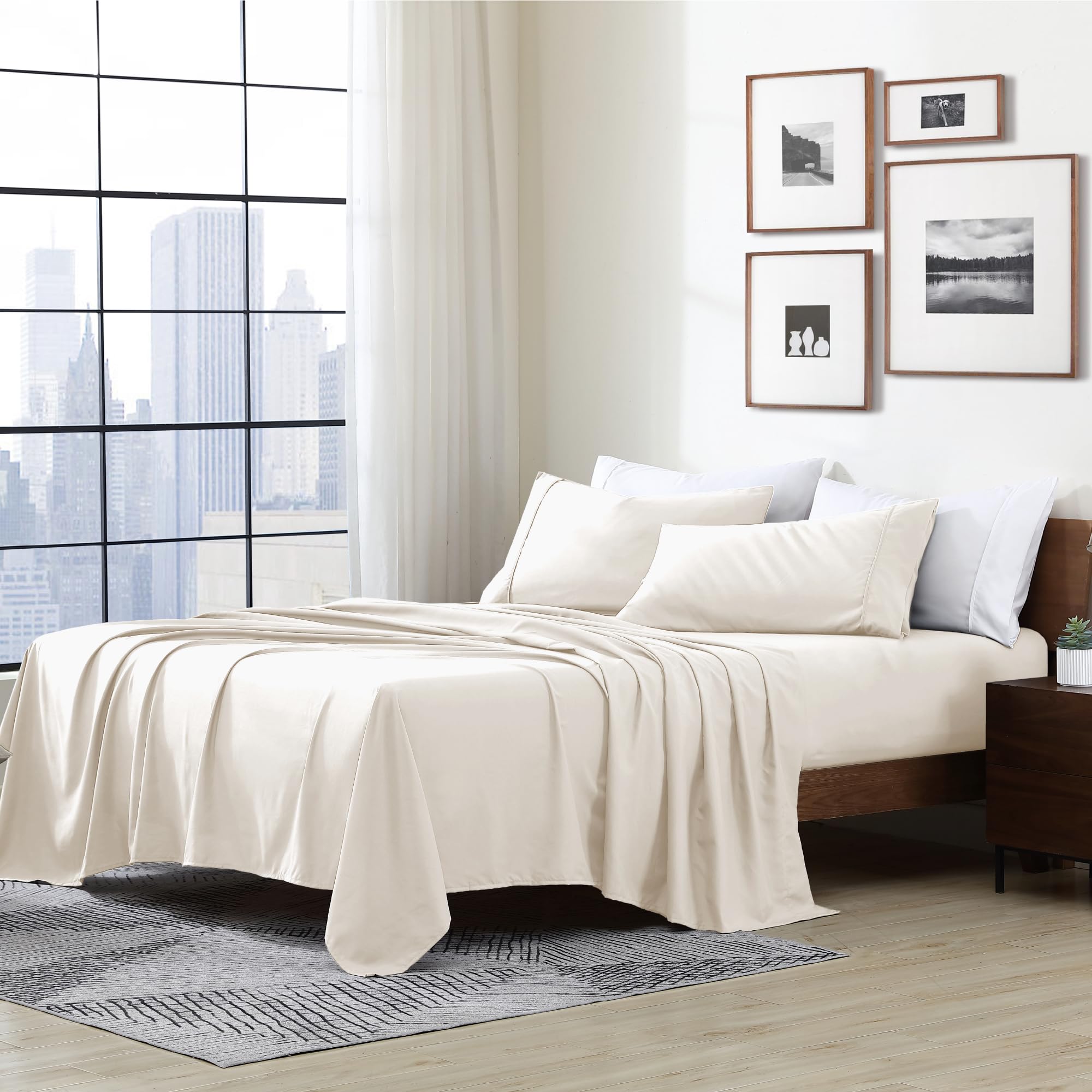 Cathay Home Essentials Ultra Soft Hypoallergenic Wrinkle Resistant Double Brushed Microfiber Bedding Sheet Set, Coconut Milk, Queen