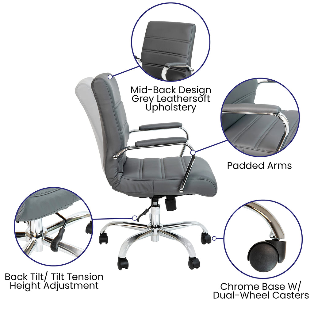 Flash Furniture Whitney Mid-Back Swivel LeatherSoft Desk Chair with Padded Seat and Armrests, Adjustable Height Padded Office Chair, Gray/Chrome