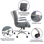 Flash Furniture Whitney Mid-Back Swivel LeatherSoft Desk Chair with Padded Seat and Armrests, Adjustable Height Padded Office Chair, Gray/Chrome