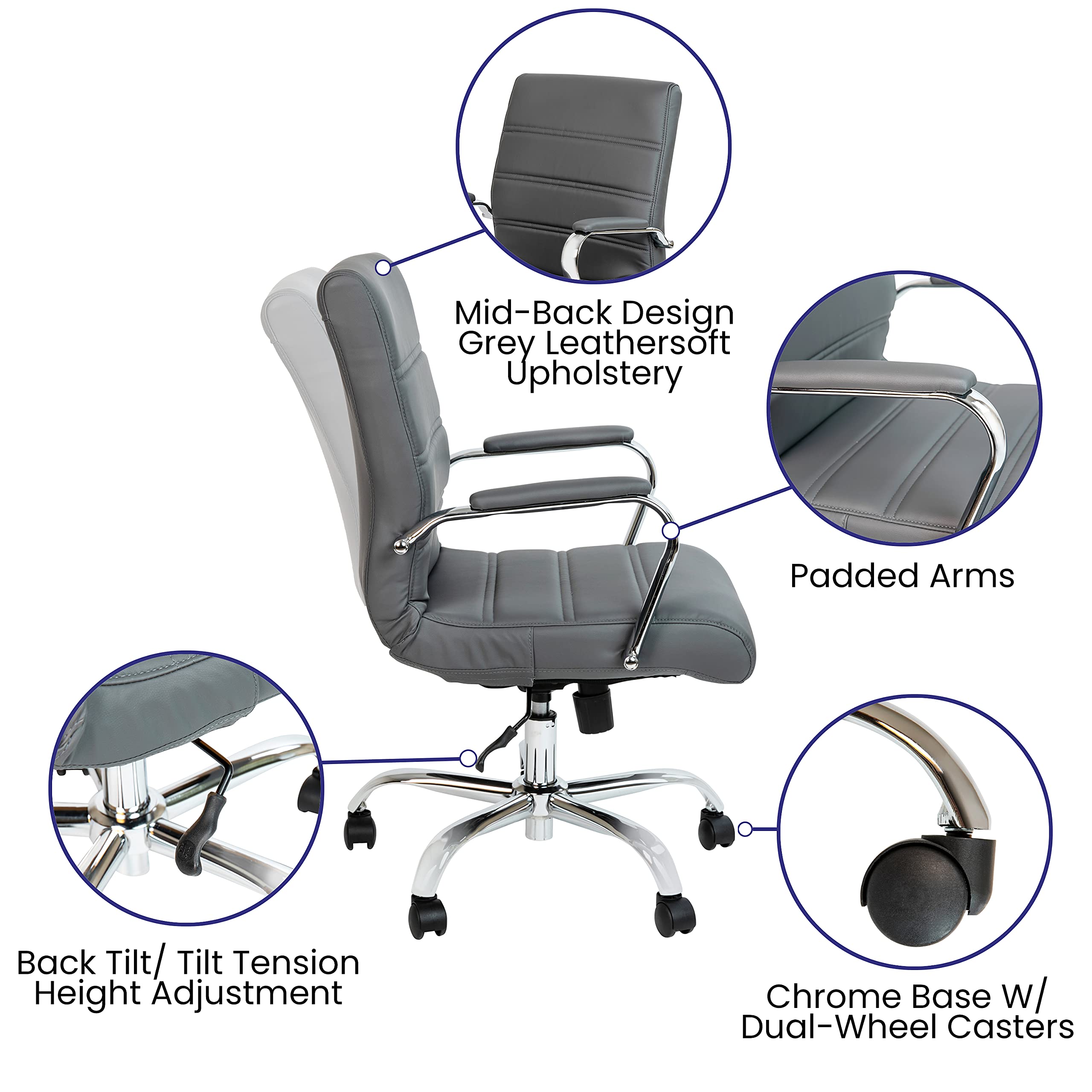 Flash Furniture Whitney Mid-Back Swivel LeatherSoft Desk Chair with Padded Seat and Armrests, Adjustable Height Padded Office Chair, Gray/Chrome