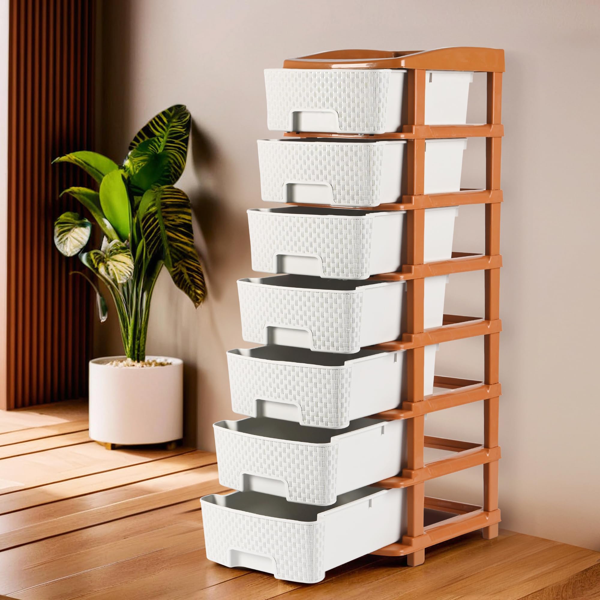 Kuber Industries 7Layer & 57 Ltr Plastic Drawer Storage Organiser | Modular Kitchen & Toy Organizer For Kids Room | Brown & Whi