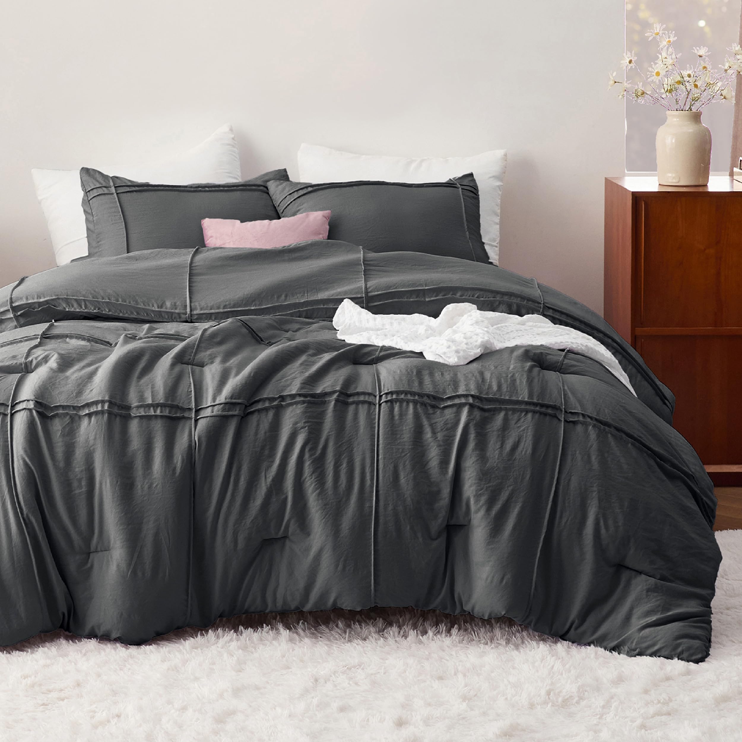 Bedsure Full Comforter Set With Sheet - 4 Pieces Soft Dark Grey Bedding Sets, Grid Pinch Pleat, All Season Lightweight Fluffy Bed Set With Solid Boho Comforter, Pillowcases & Sheet
