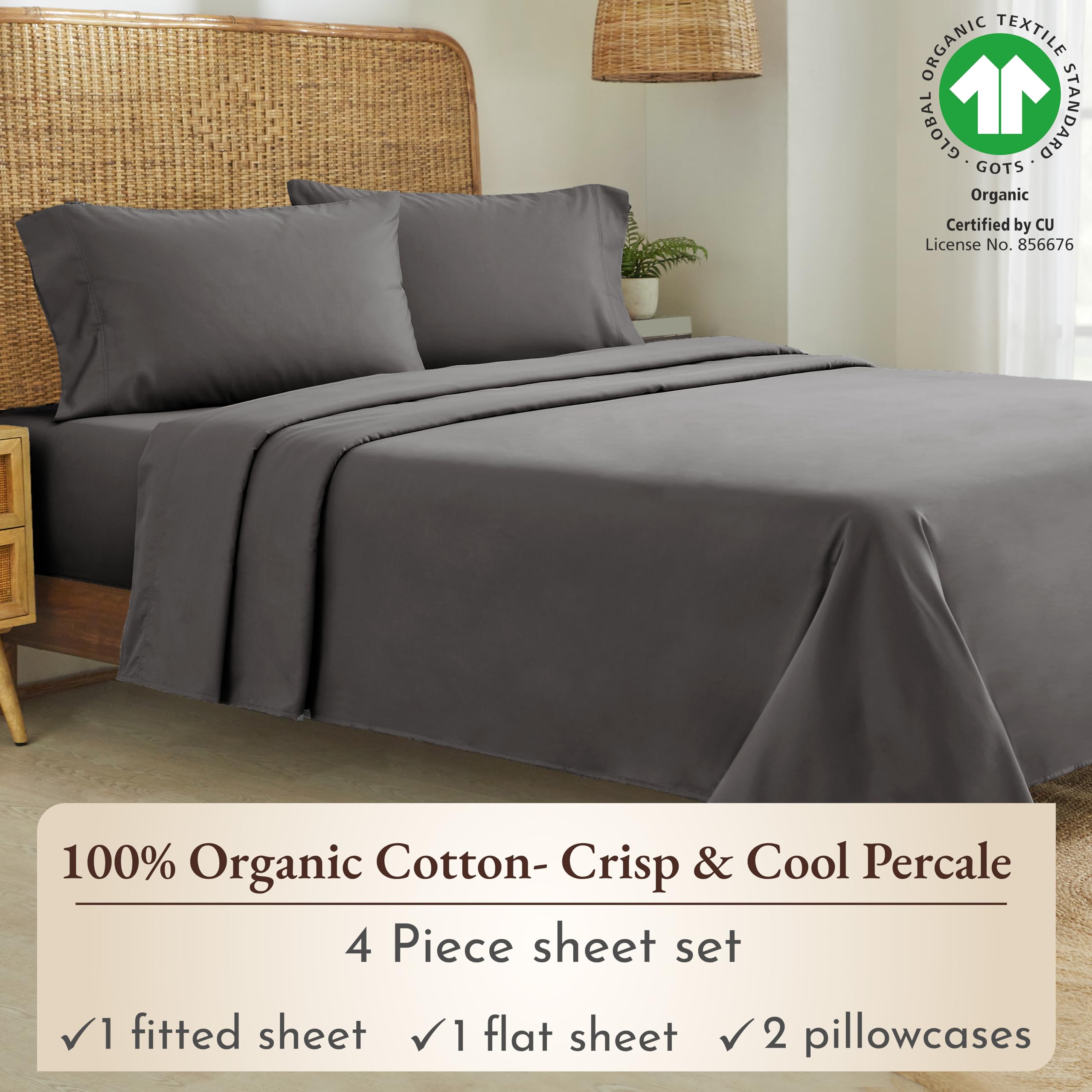 California Design Den 100% Organic Cotton Sheets For King Size Bed, Percale Deep Pocket King Sheets, Gots Certified Percale Sheets, Hotel Sheets, King Size Sheets, Grey Sheets