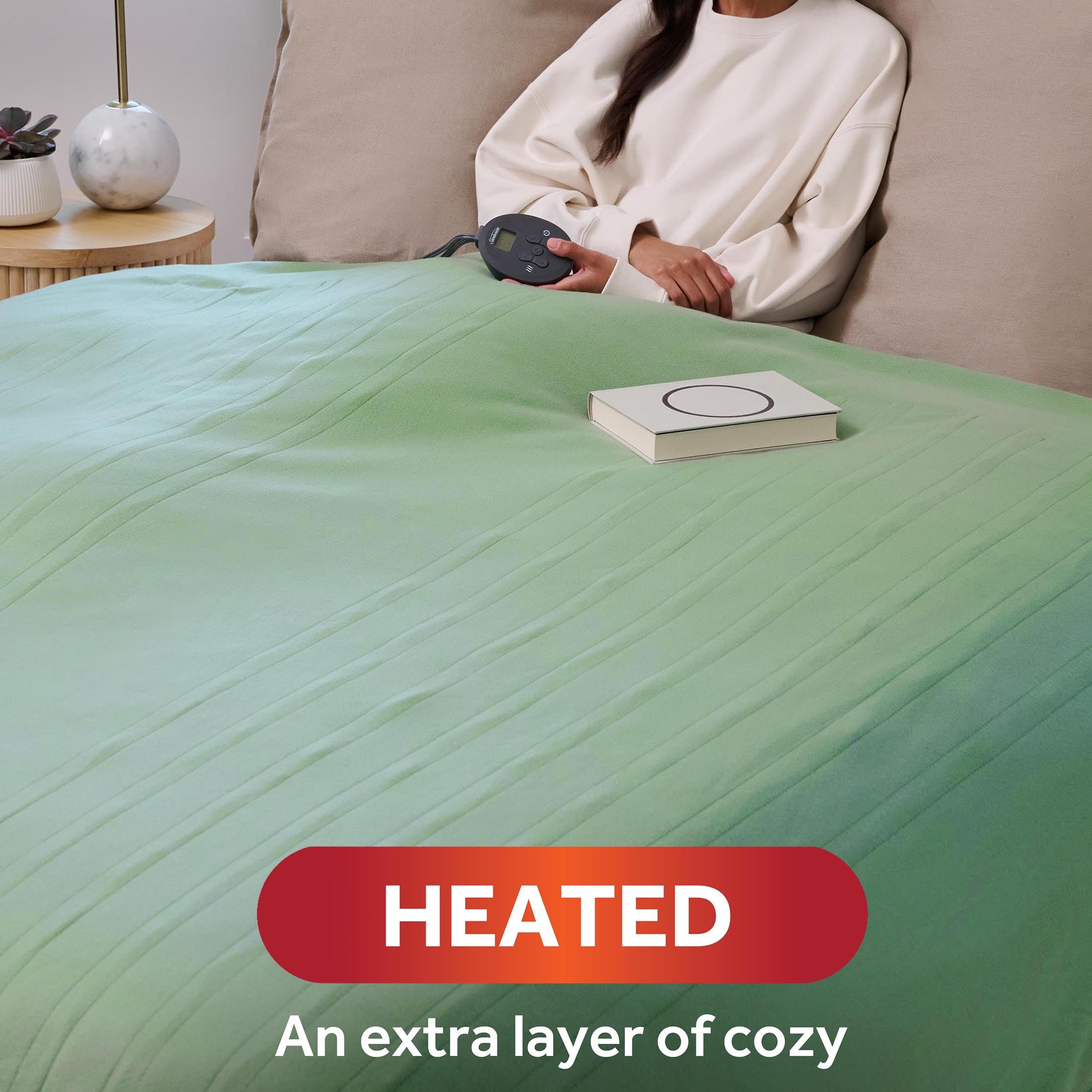 Sunbeam Royal Ultra Fleece Heated Electric Blanket Queen Size, 90' X 84', 12 Heat Settings, 12-Hour Selectable Auto Shut-Off, Fast Heating, Machine Washable, Warm And Cozy, Matcha