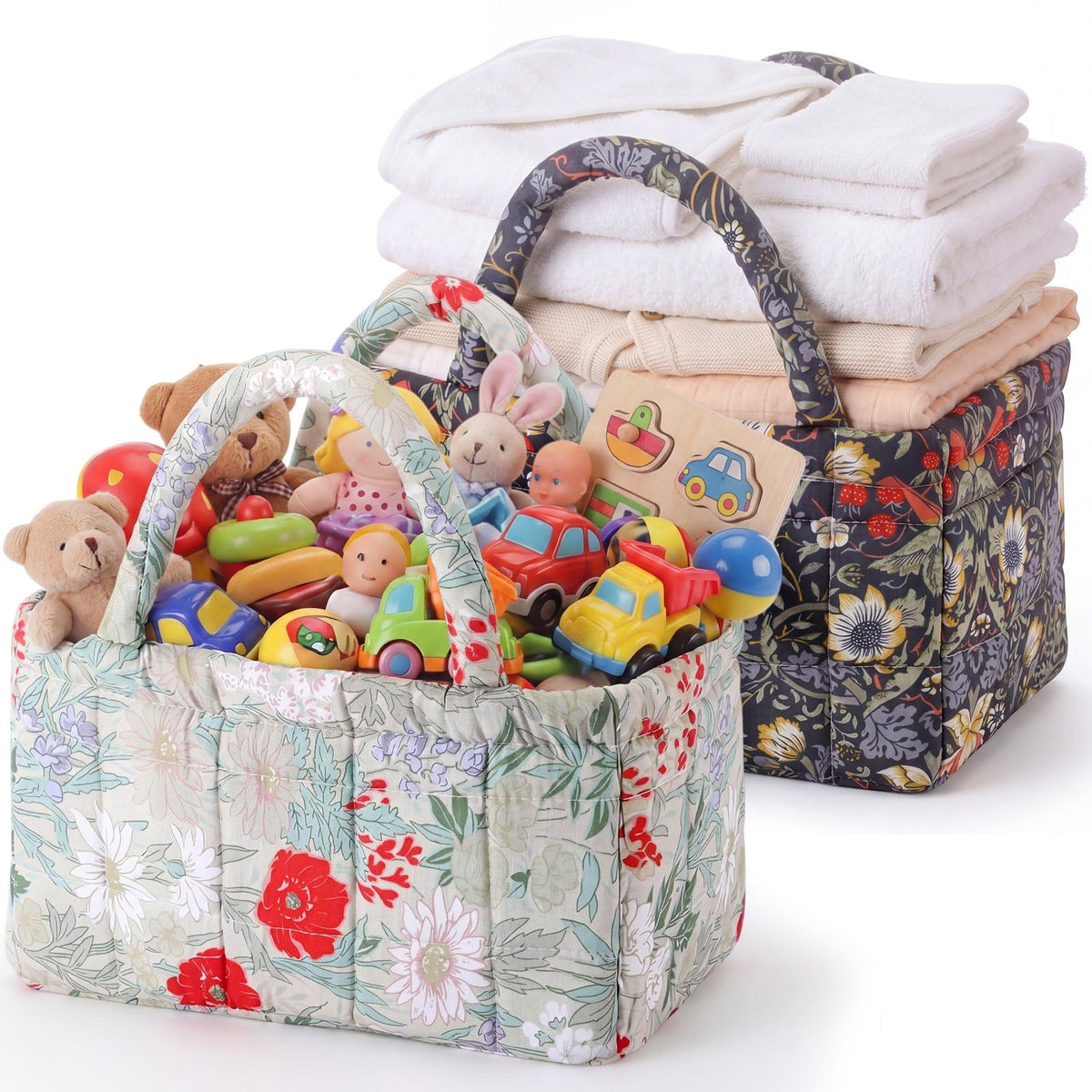 Ferrochef 2pcs Small Boho Fabric Floral Storage Basket, 9.06 x 4.72 x 4.72 Inches, Collapsible Quilted Storage with Handle, Mini