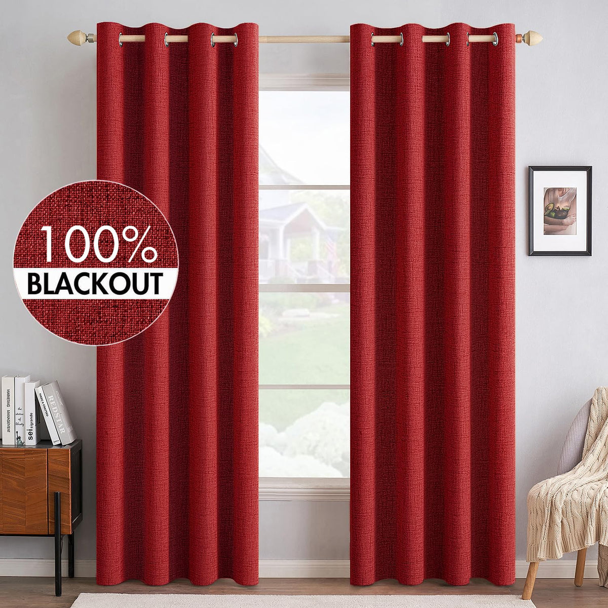 Miulee 100% Blackout Linen Curtains For Bedroom Thermal Insulated Red Grommet Room Darkening Curtains & Drapes Christmas Decor F