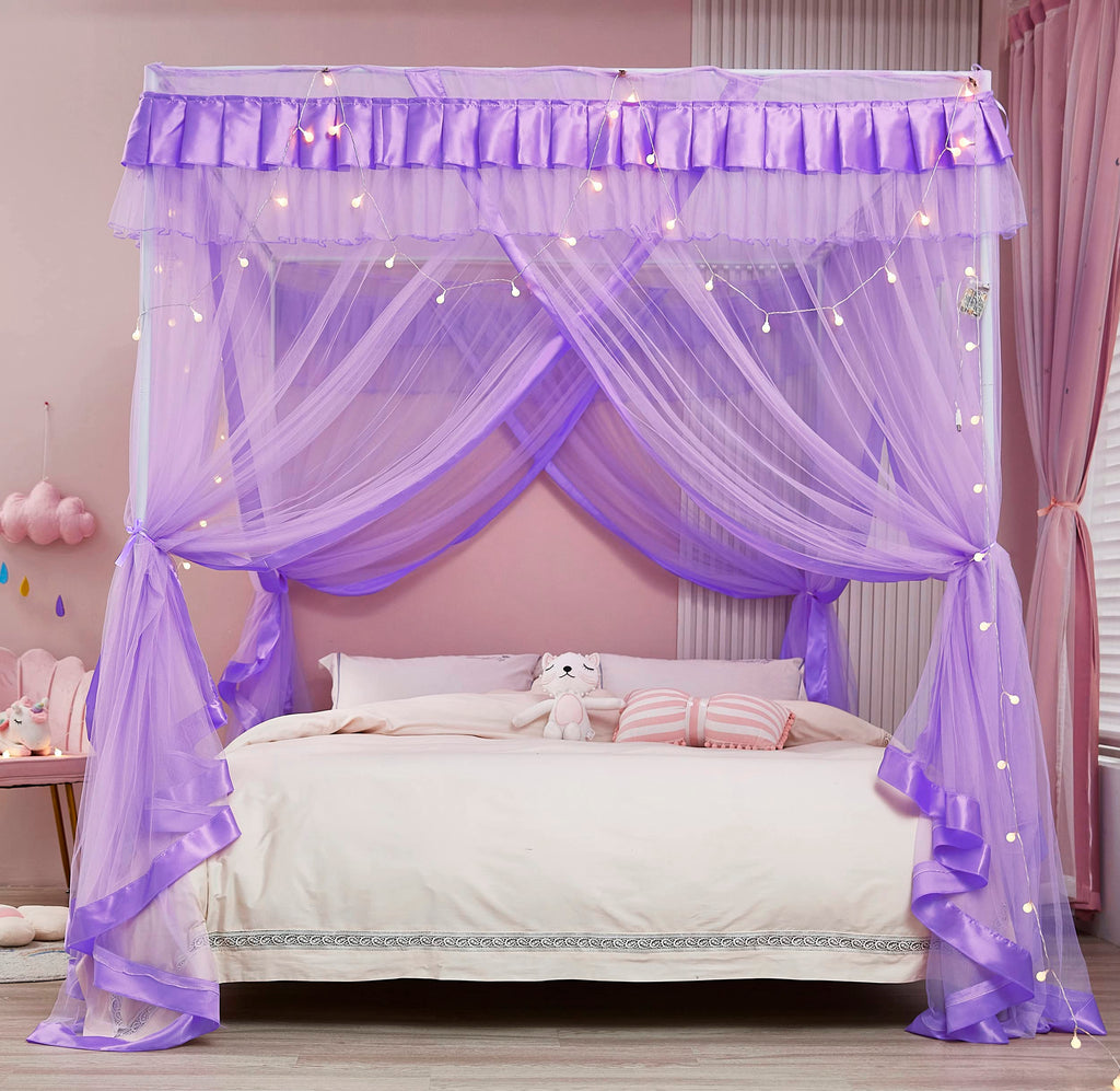 Mengersi Canopy Bed Curtains Queen Size - Bed Canopy Curtains - 4 Opening Canopy For Bed- Cute Princess Bedroom Decoration Gift